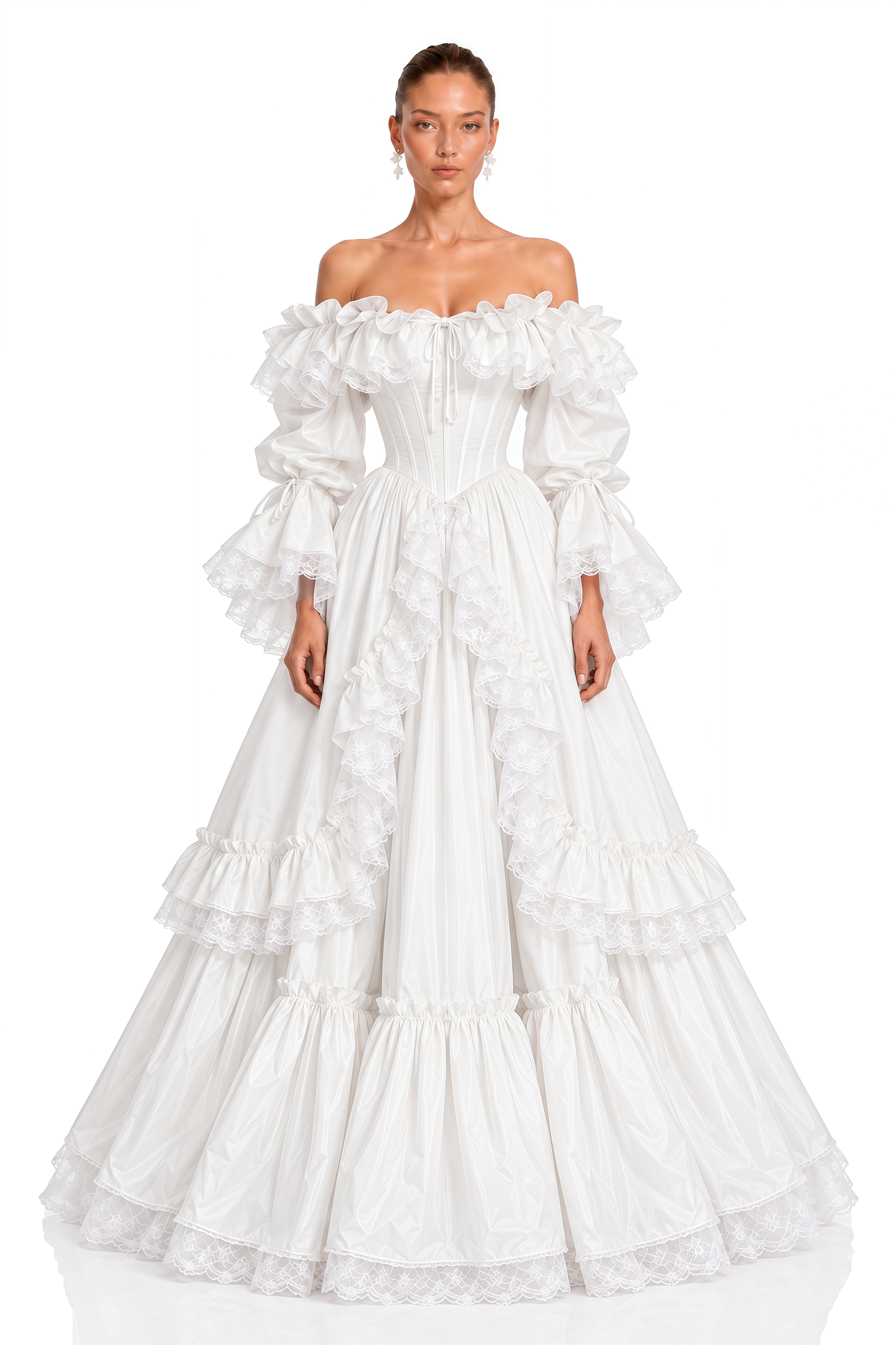 Antoinette White Ruffled Off-Shoulder Corset Tiered Maxi Gown