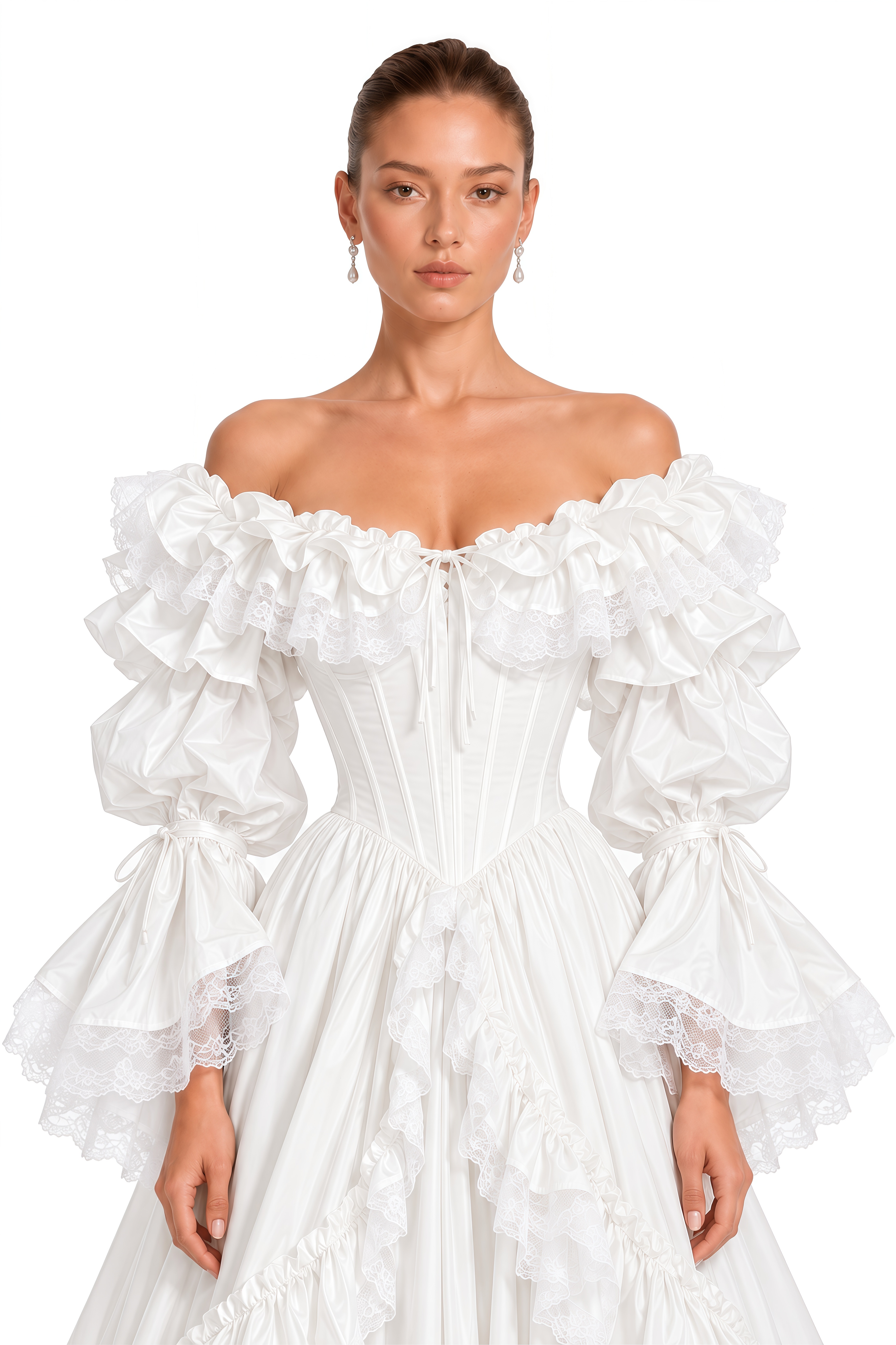 Antoinette White Ruffled Off-Shoulder Corset Tiered Maxi Gown
