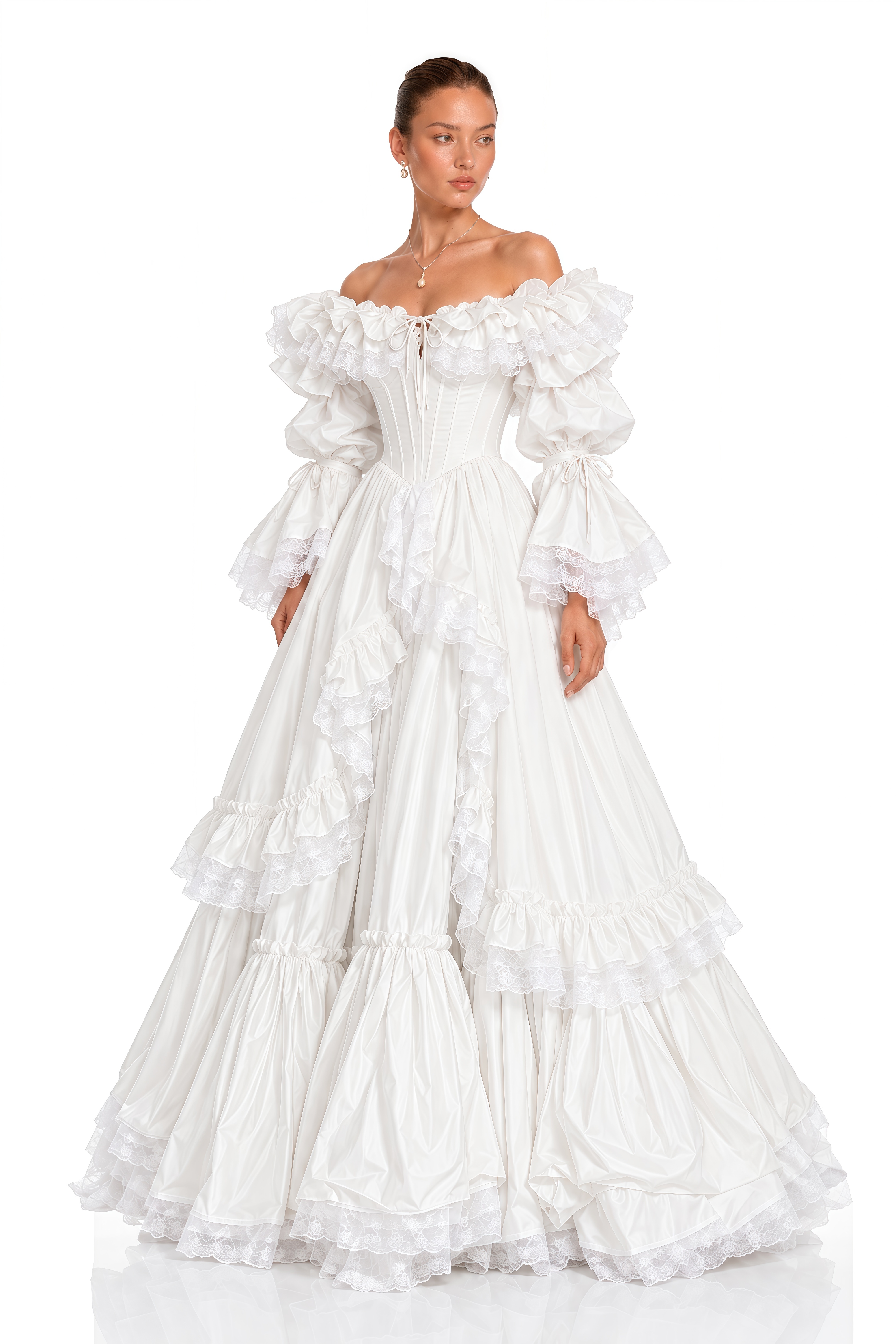 Antoinette White Ruffled Off-Shoulder Corset Tiered Maxi Gown