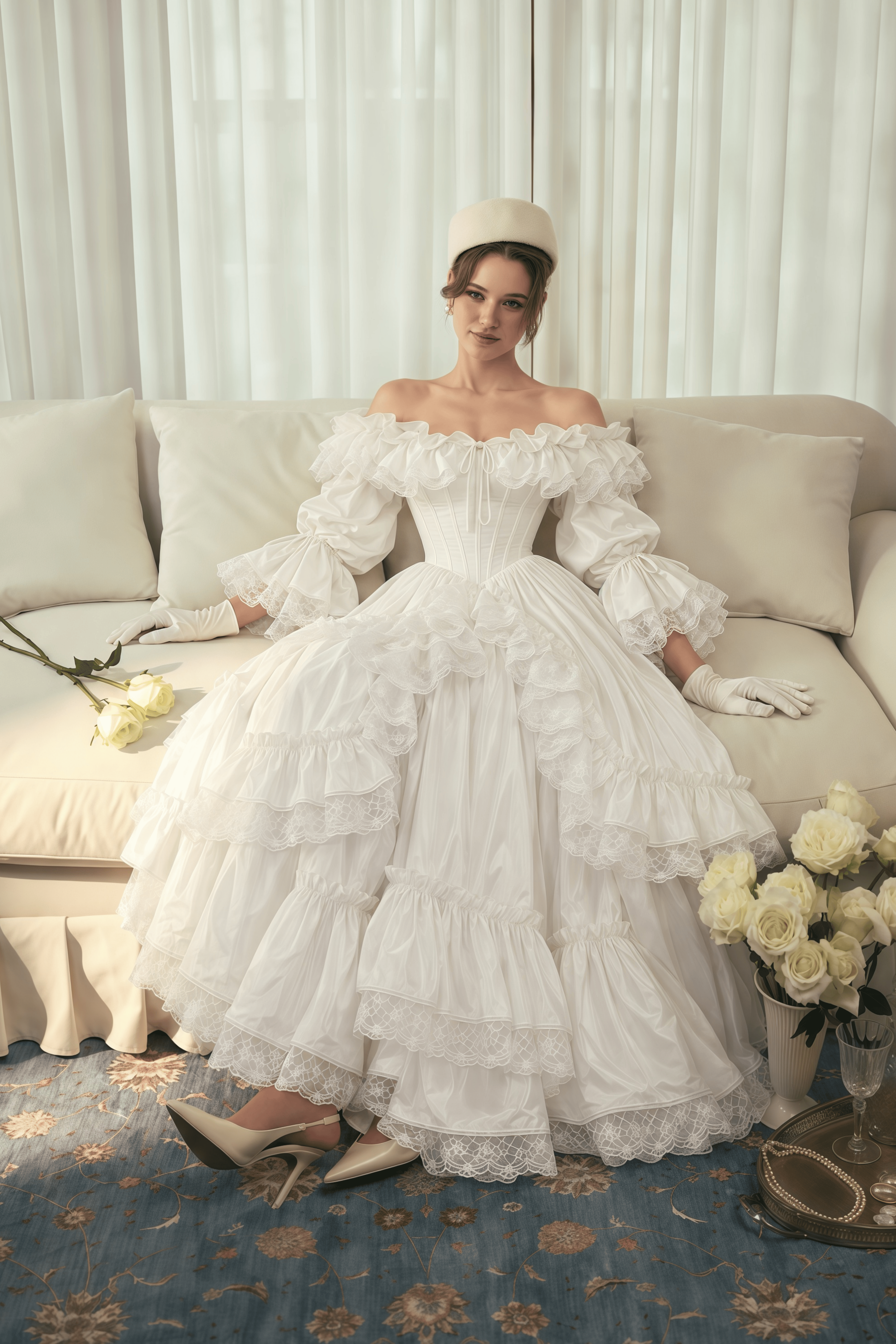 Antoinette White Ruffled Off-Shoulder Corset Tiered Maxi Gown