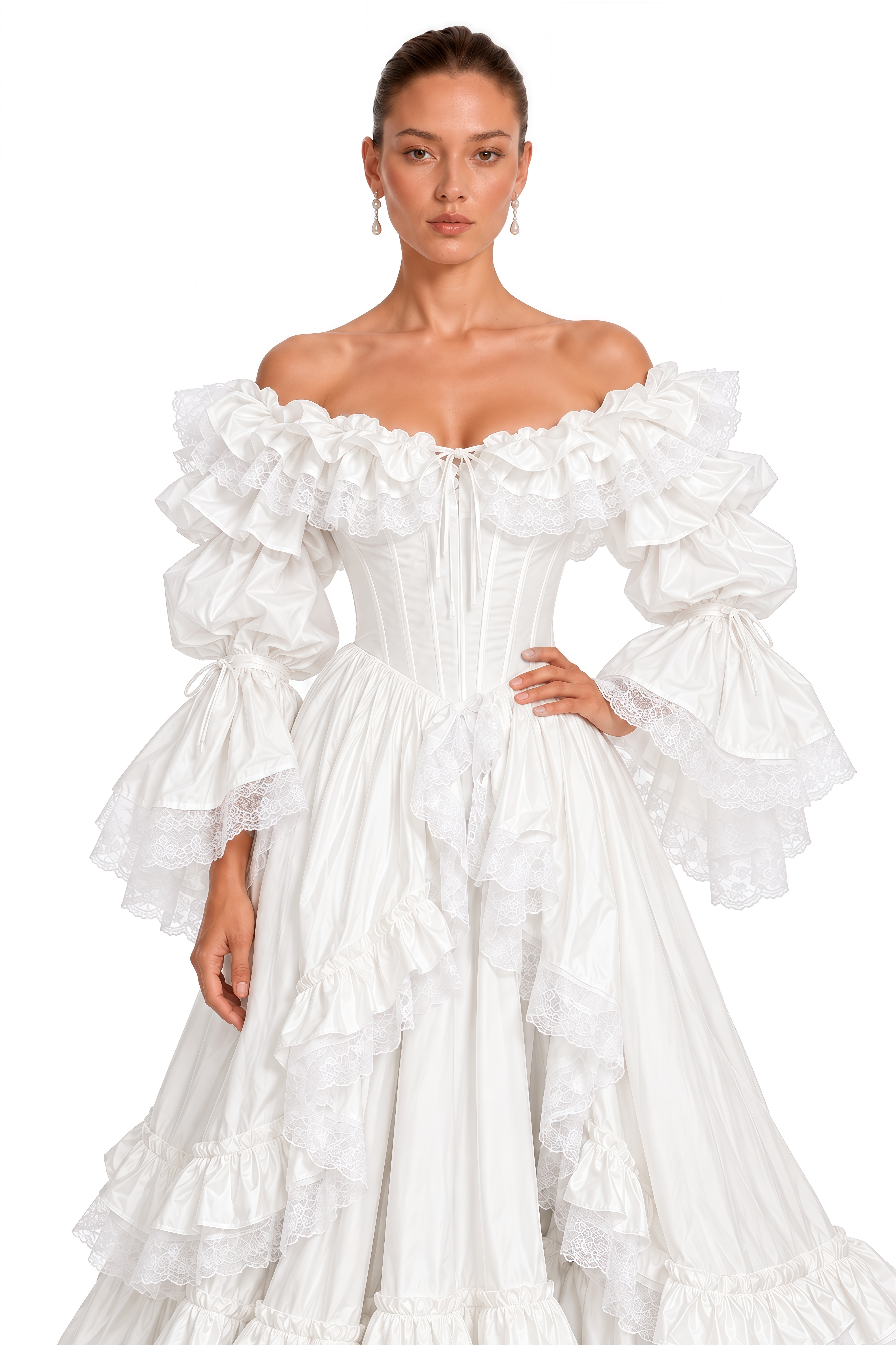 Antoinette White Ruffled Off-Shoulder Corset Tiered Maxi Gown