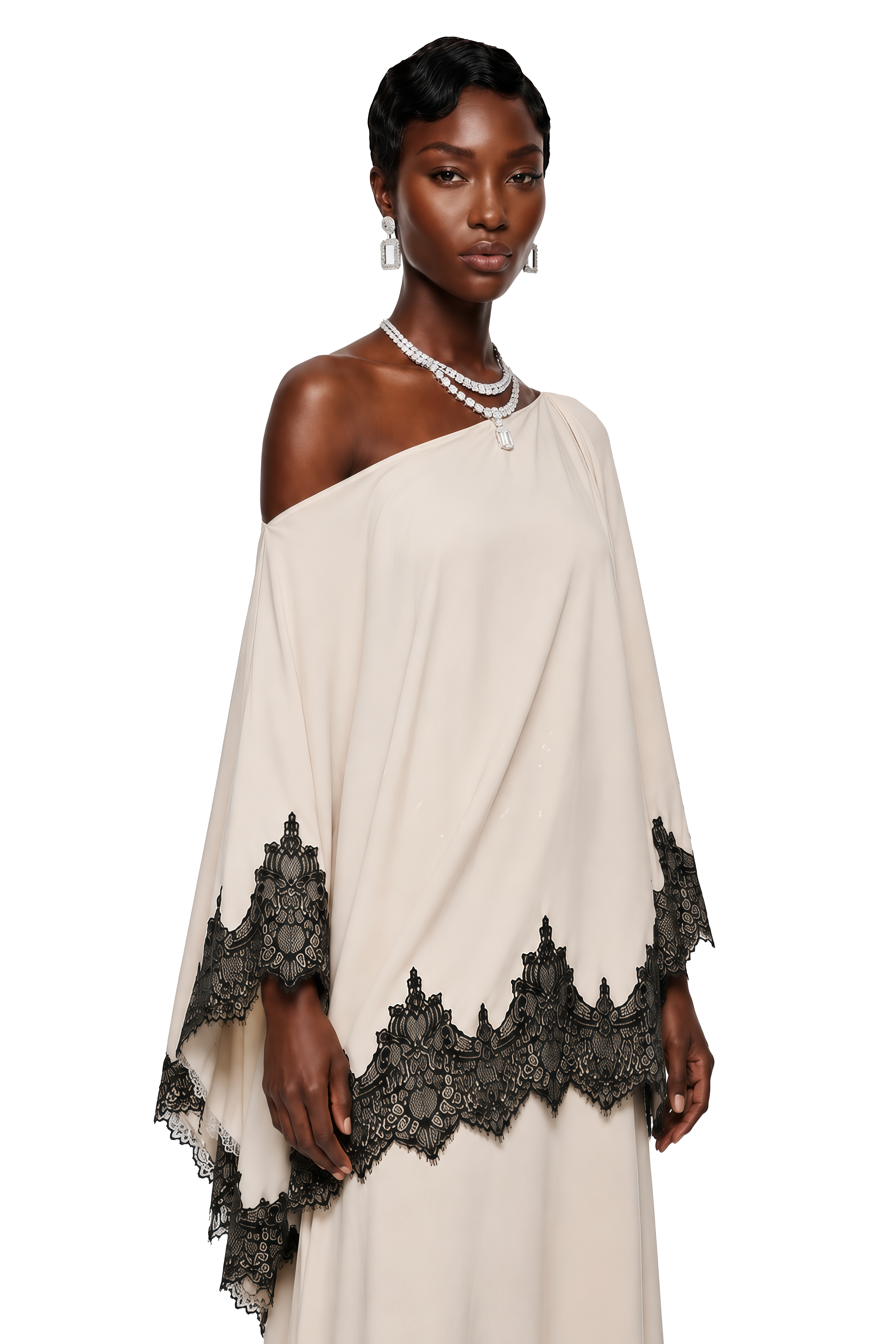 Aoraki Cream One Shoulder Top & Skirt Set with Lace Trim