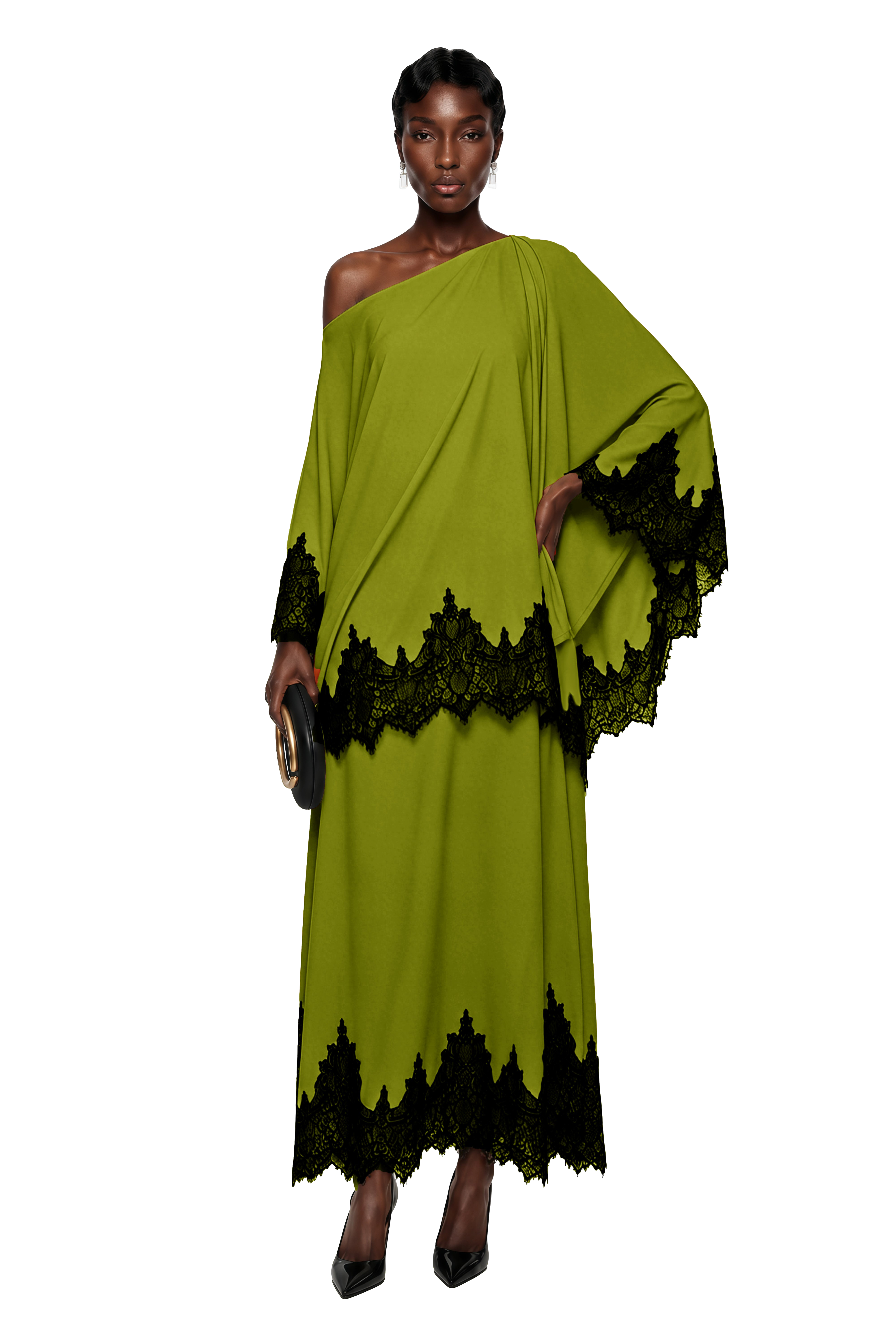 Aoraki Green One Shoulder Top & Skirt Set with Lace Trim
