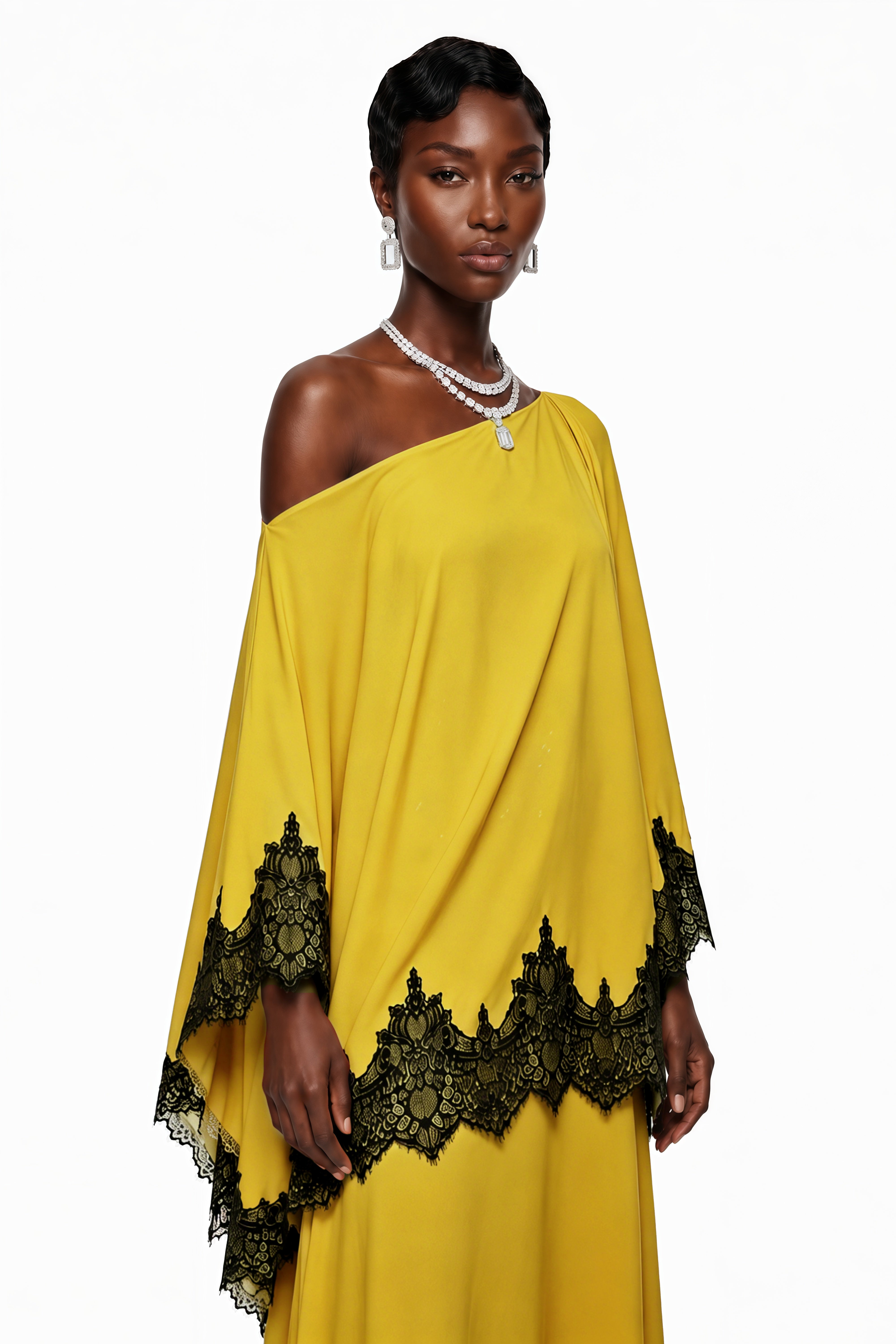Yellow off-the-shoulder maxi dress with black lace trim
