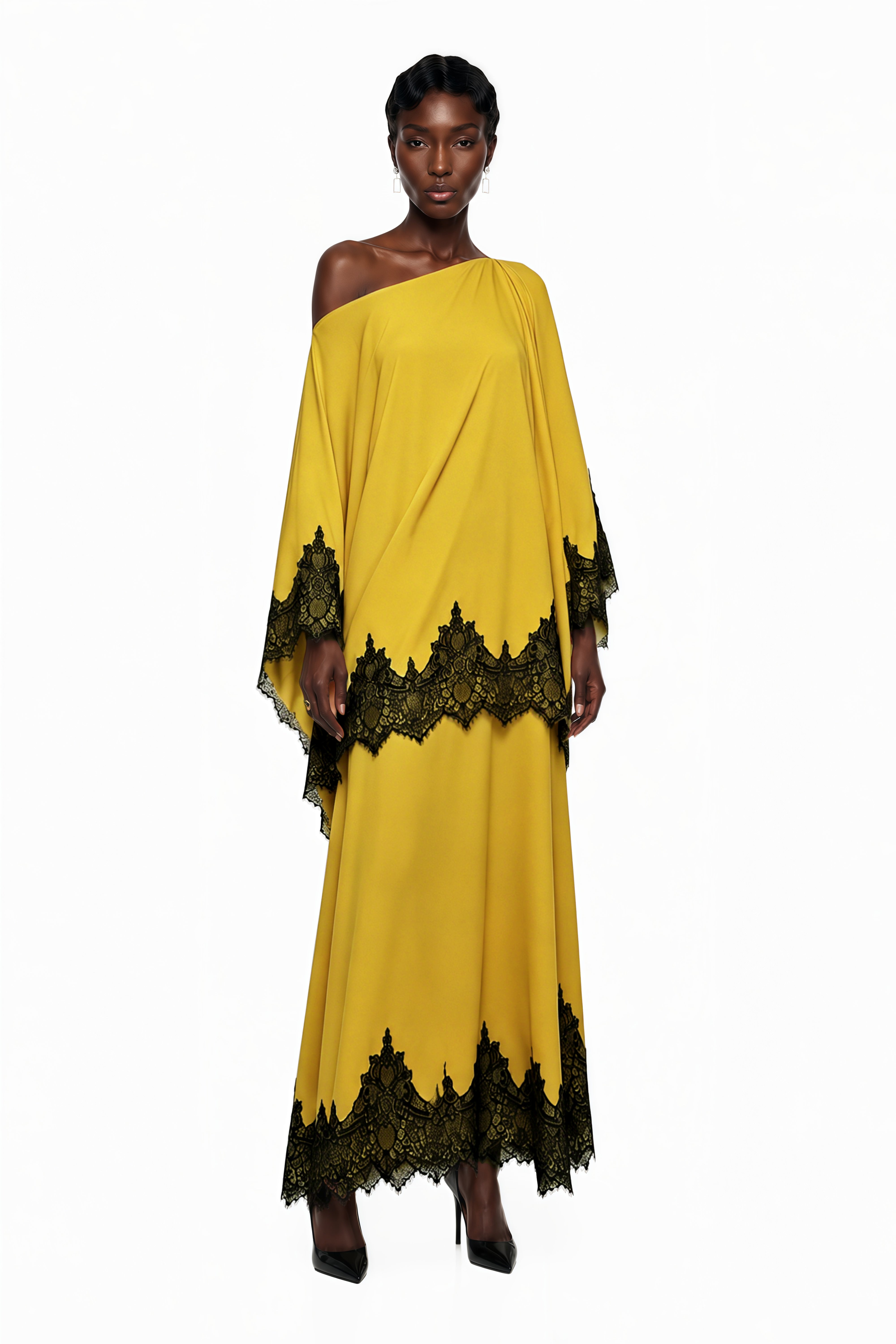 Yellow off-the-shoulder maxi dress with black lace trim