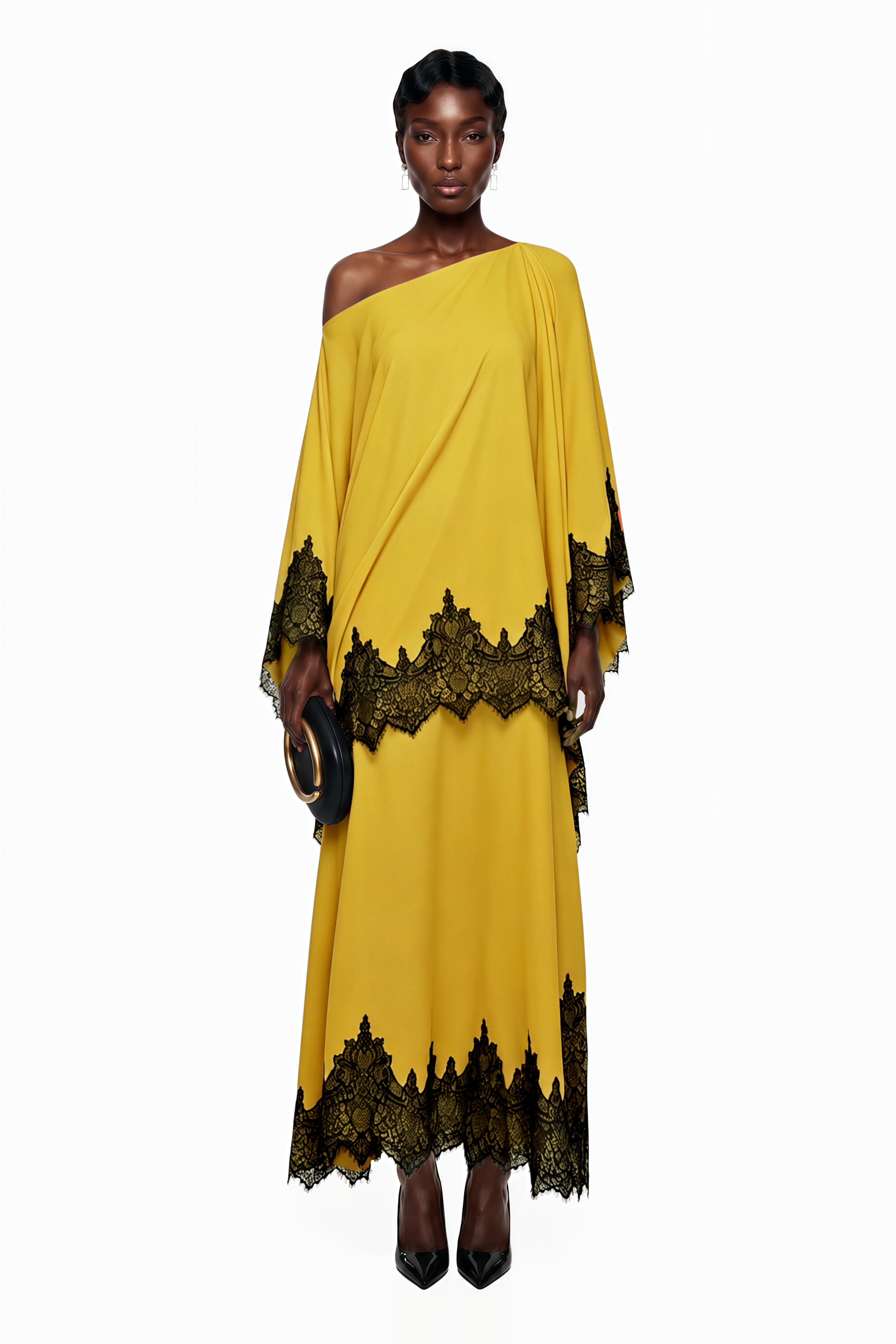 Yellow off-the-shoulder maxi dress with black lace trim