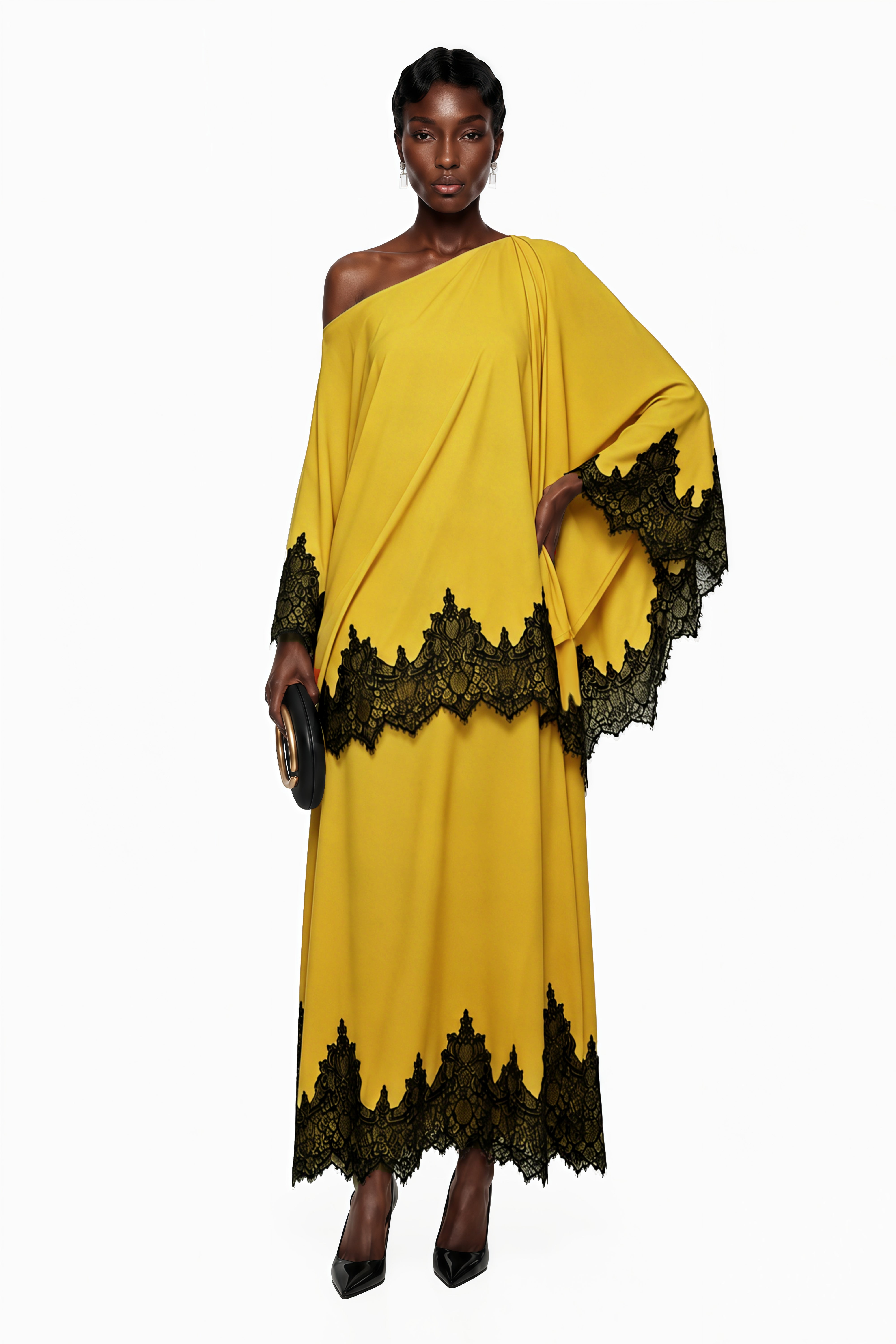 Yellow off-the-shoulder maxi dress with black lace trim