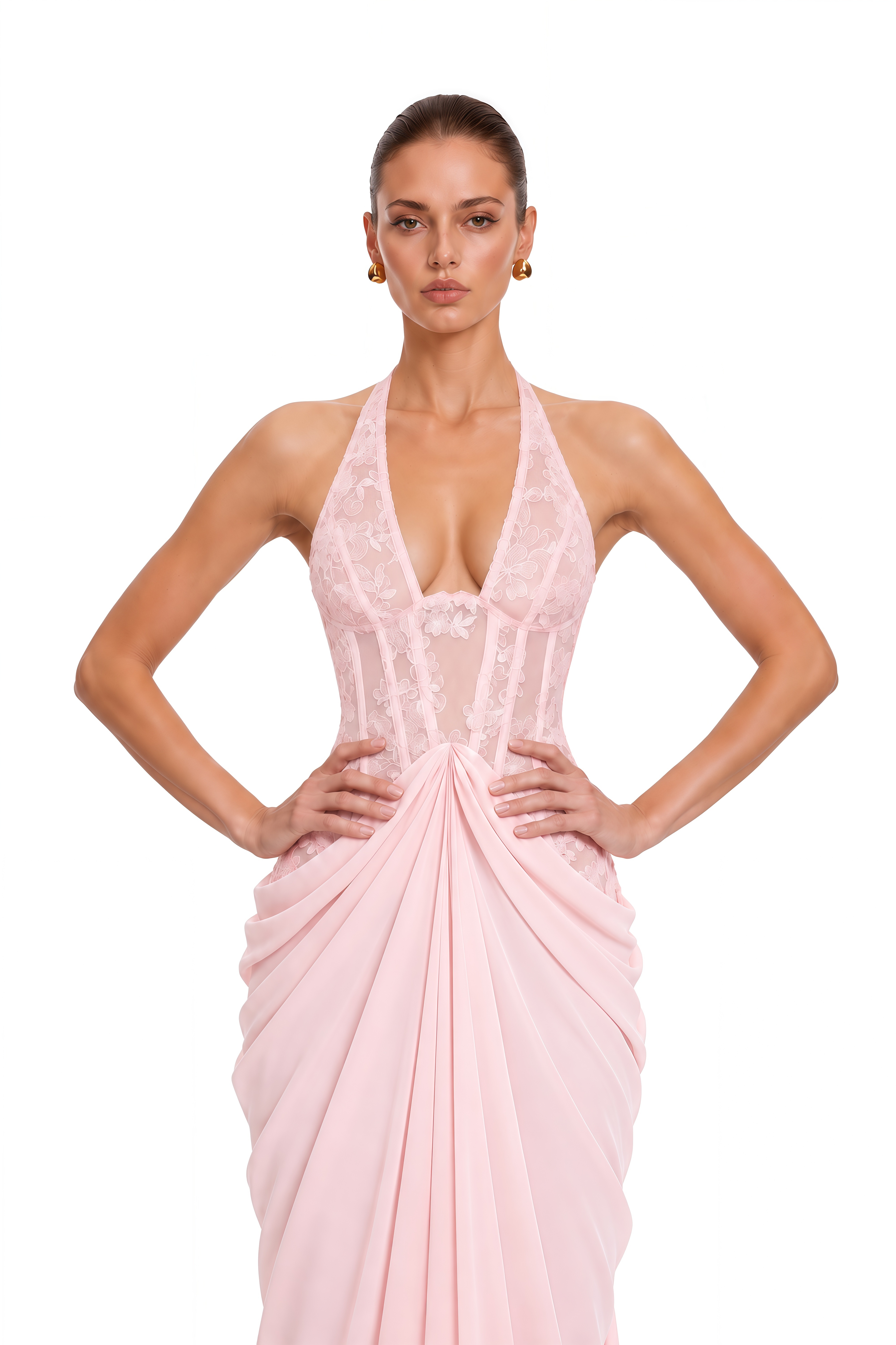 Apolline Blush Pink Lace Corset Draped Maxi Dress