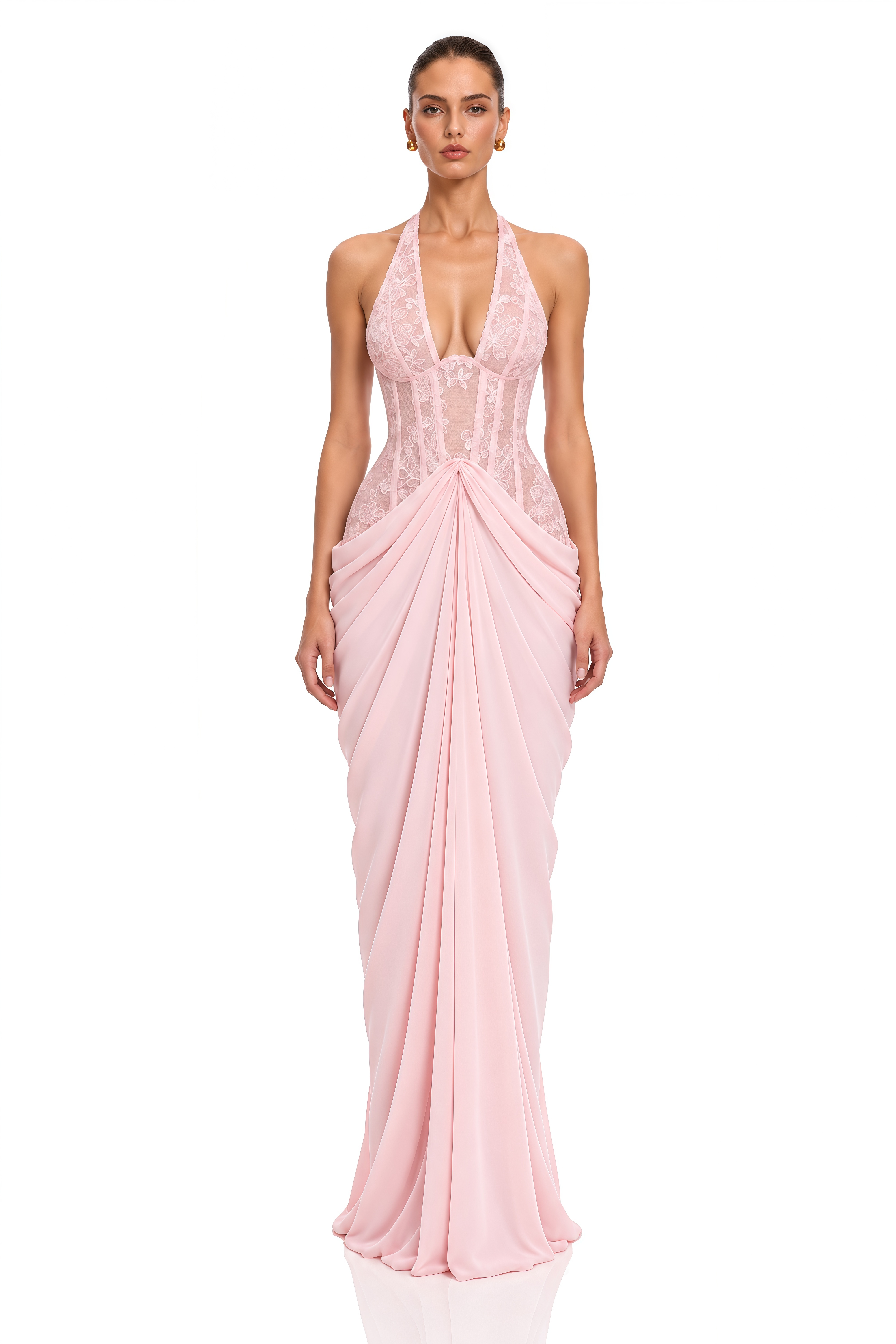 Apolline Blush Pink Lace Corset Draped Maxi Dress