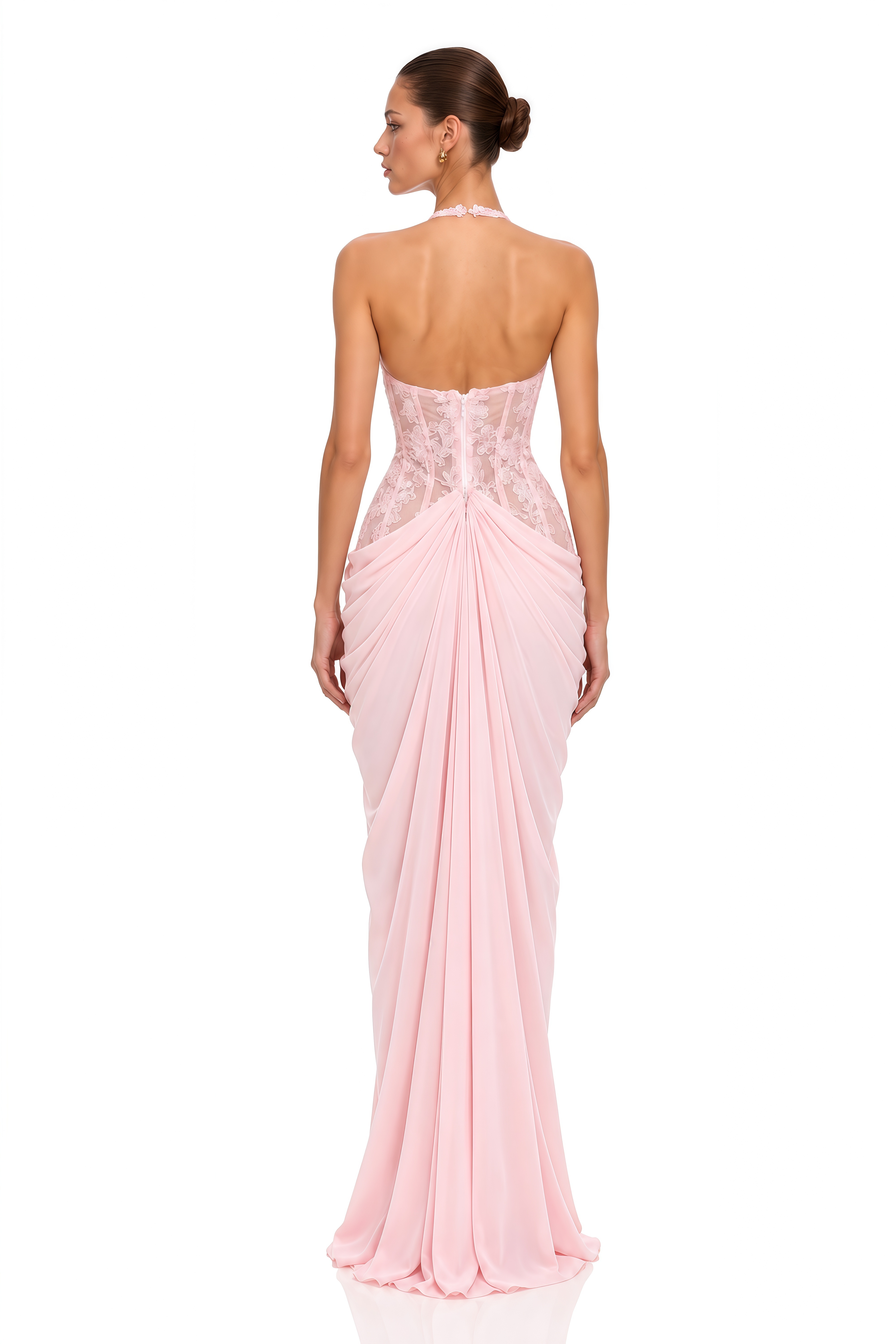 Apolline Blush Pink Lace Corset Draped Maxi Dress