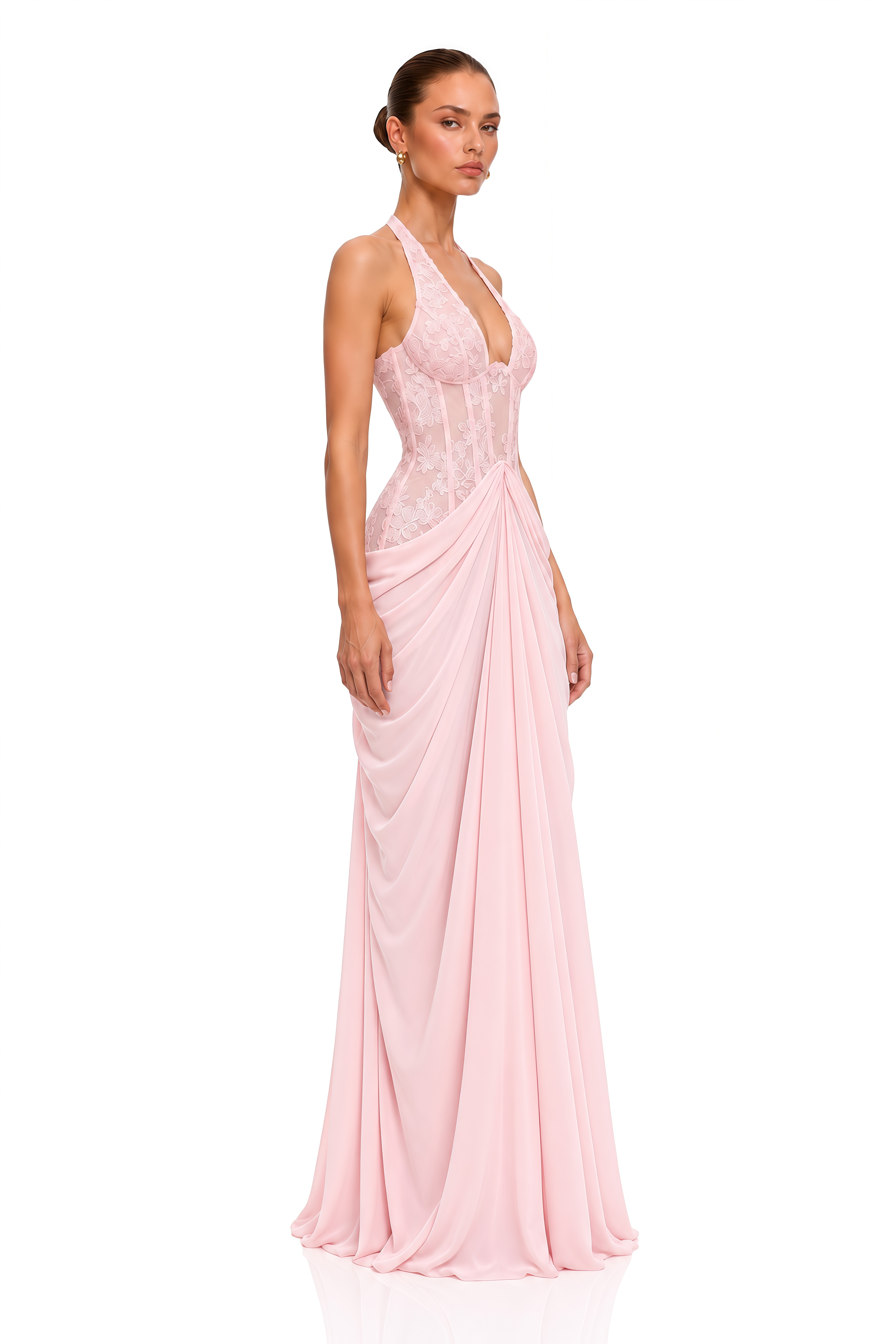 Apolline Blush Pink Lace Corset Draped Maxi Dress