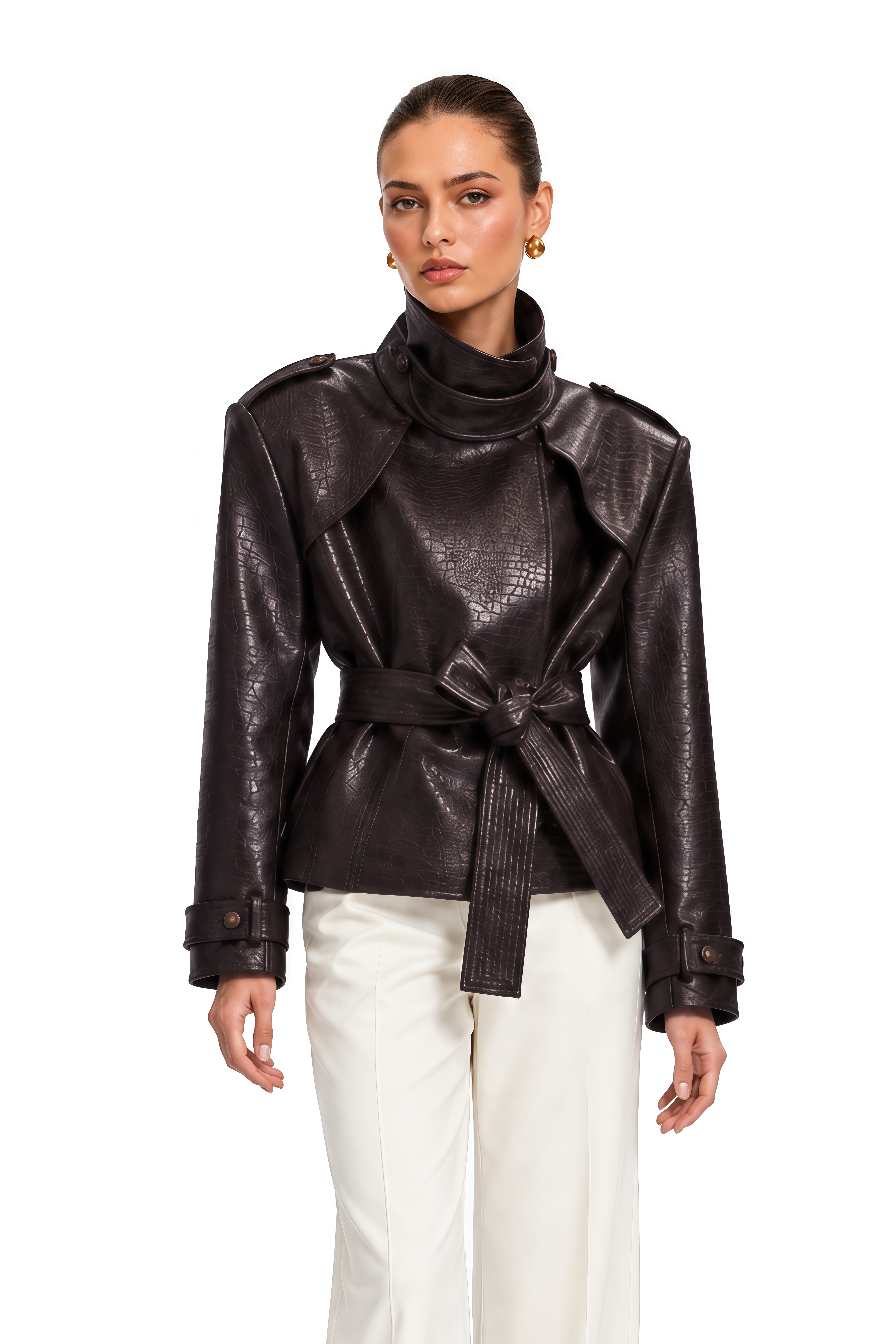 Apolline Chocolate Brown High Neck Embossed Jacket