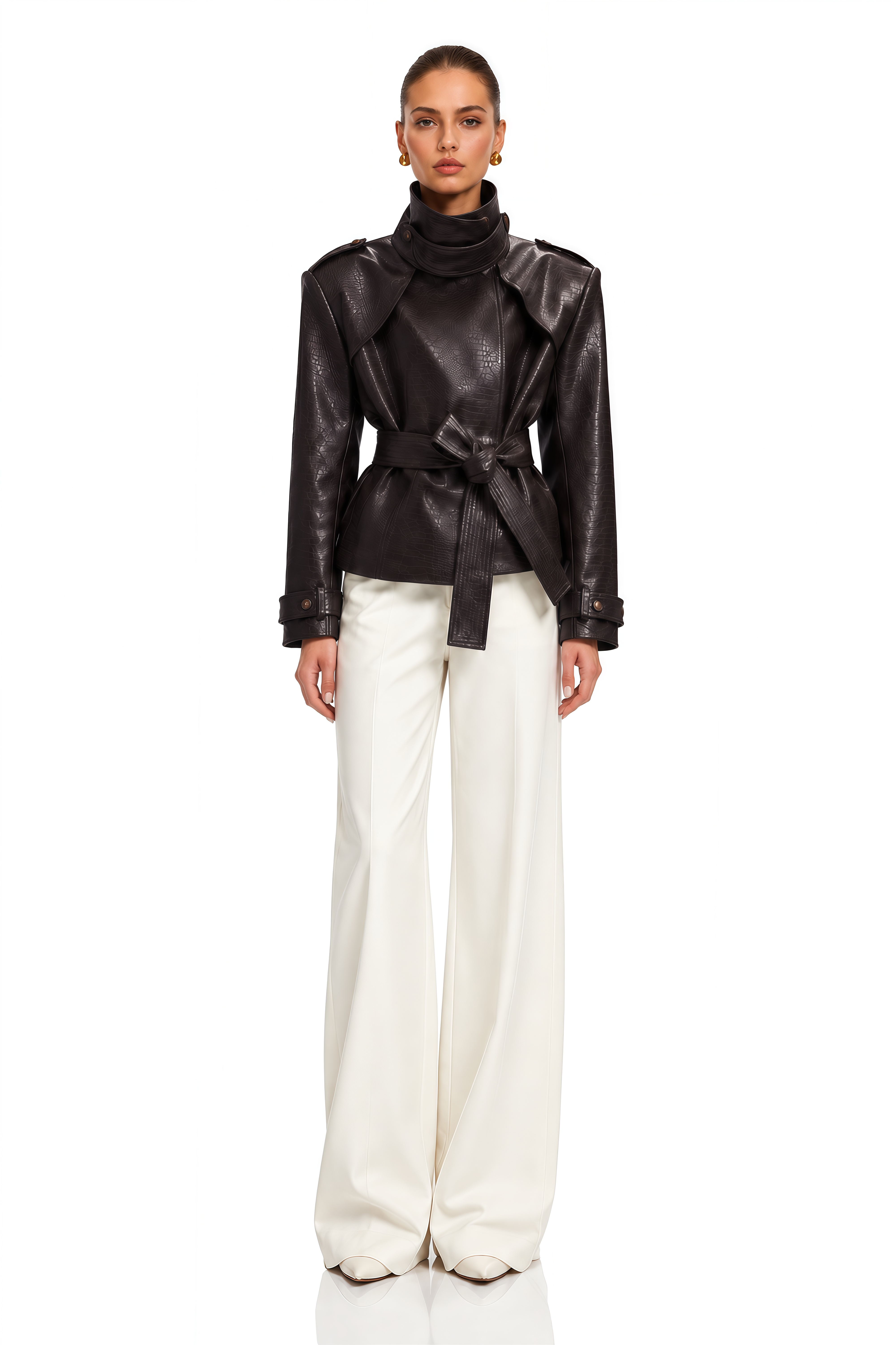 Apolline Chocolate Brown High Neck Embossed Jacket
