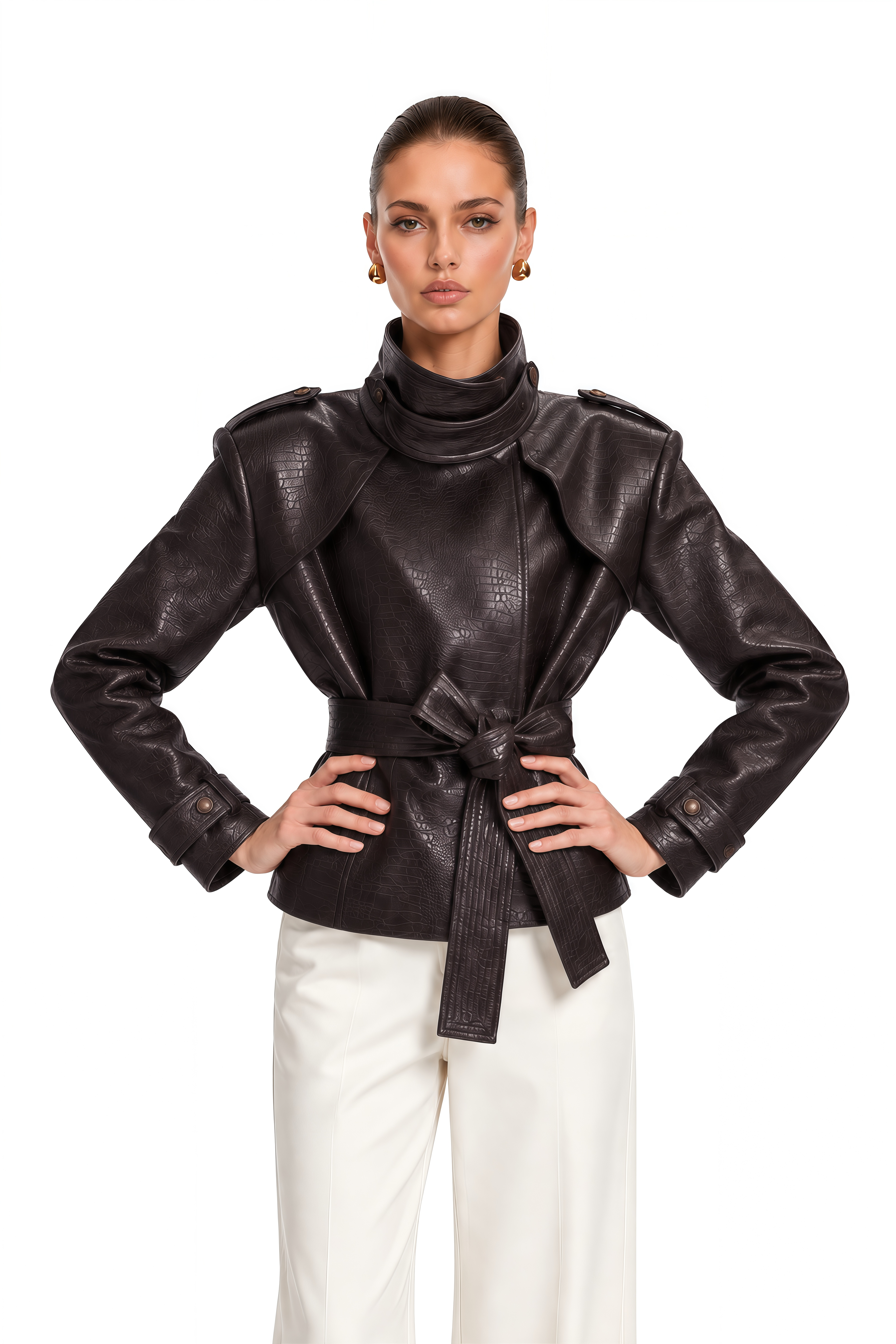 Apolline Chocolate Brown High Neck Embossed Jacket