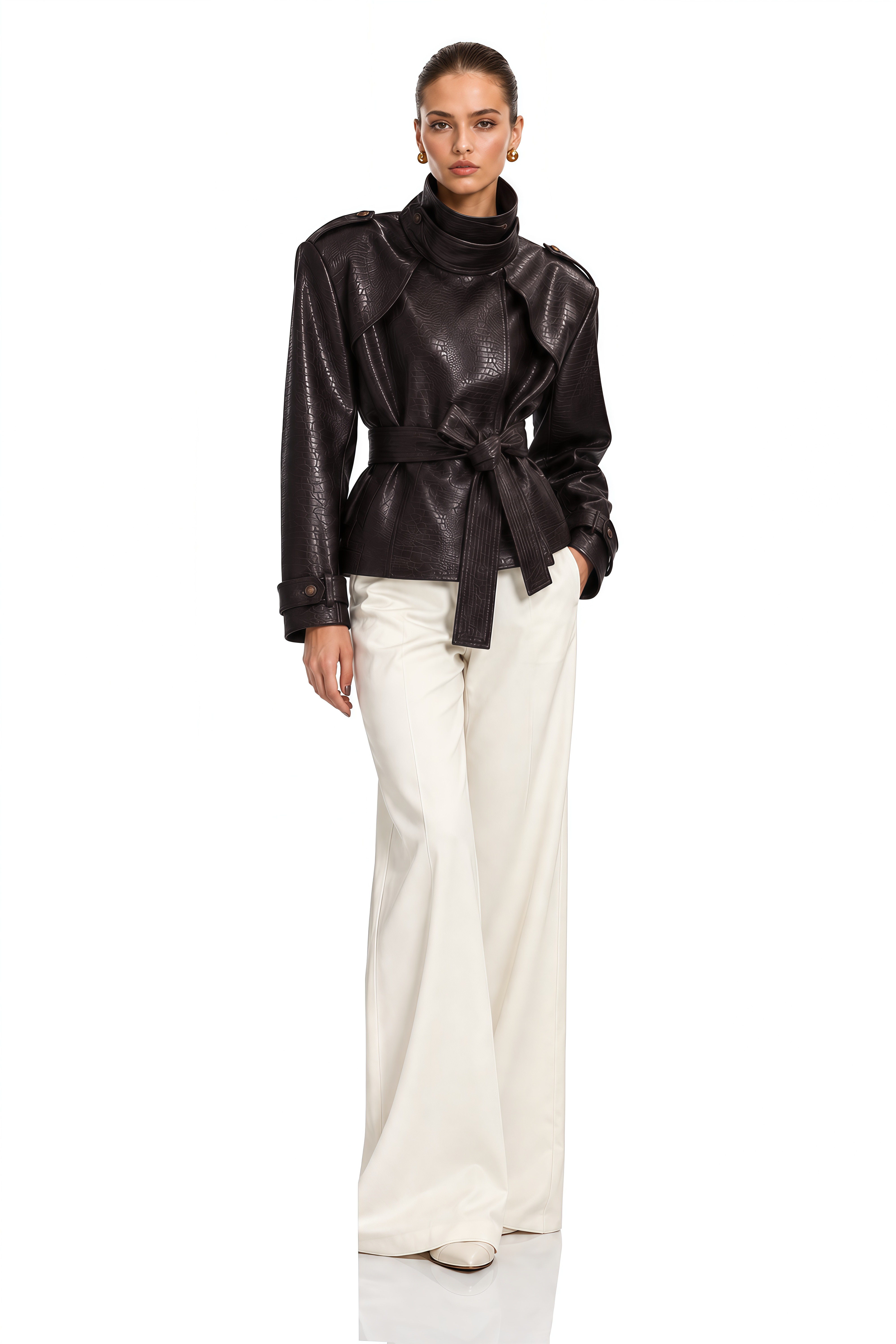 Apolline Chocolate Brown High Neck Embossed Jacket