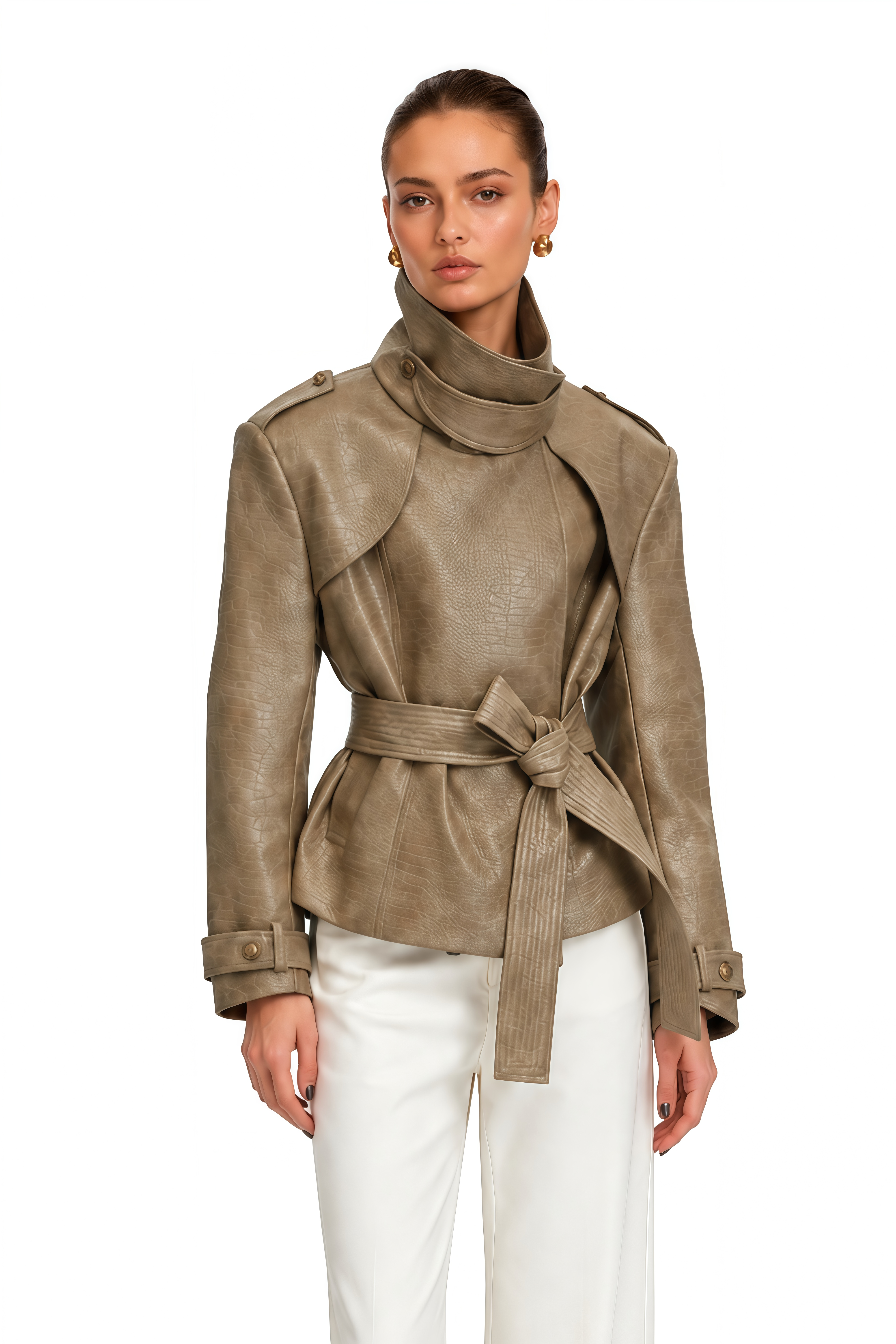 Apolline Khaki High Neck Embossed Jacket