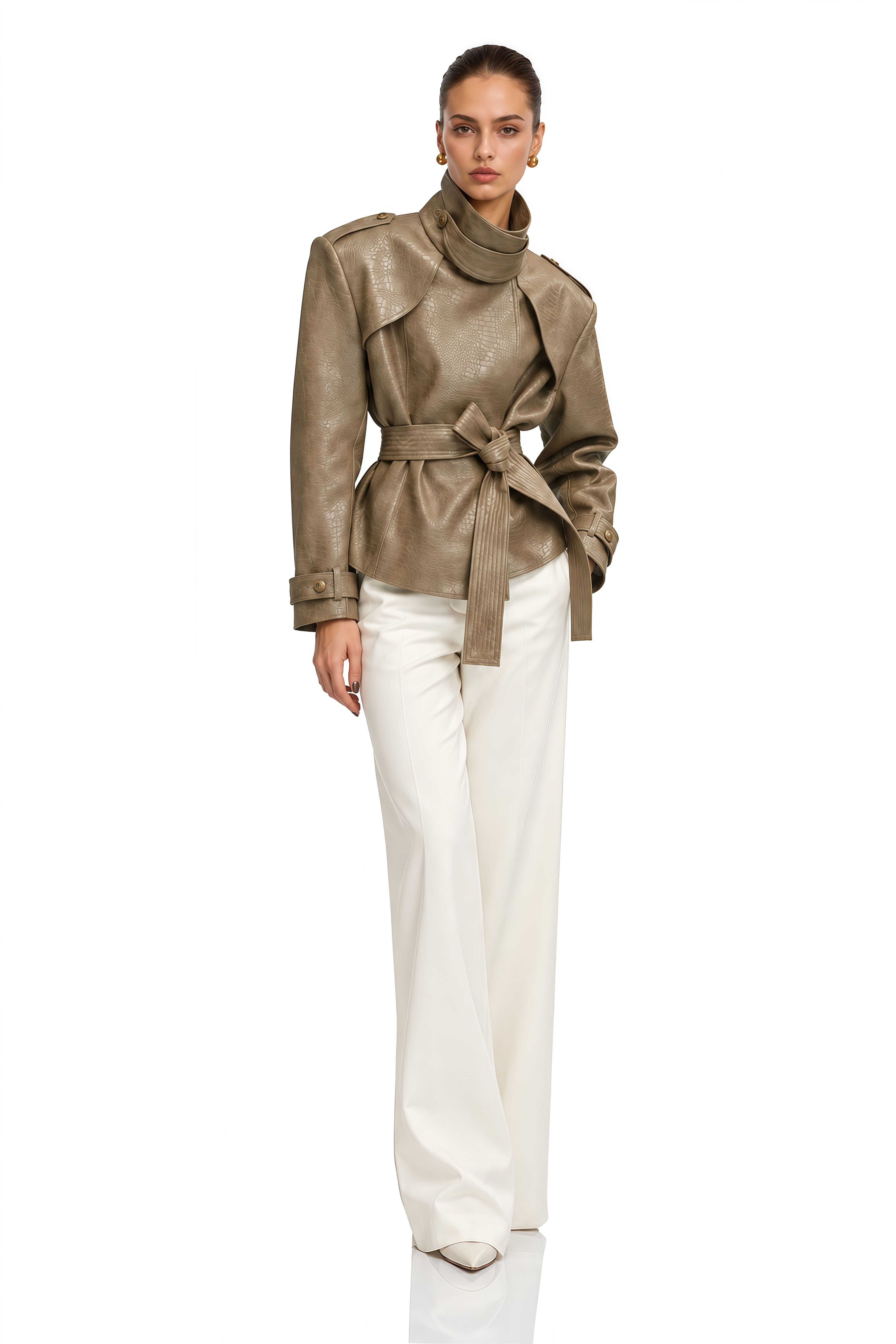 Apolline Khaki High Neck Embossed Jacket