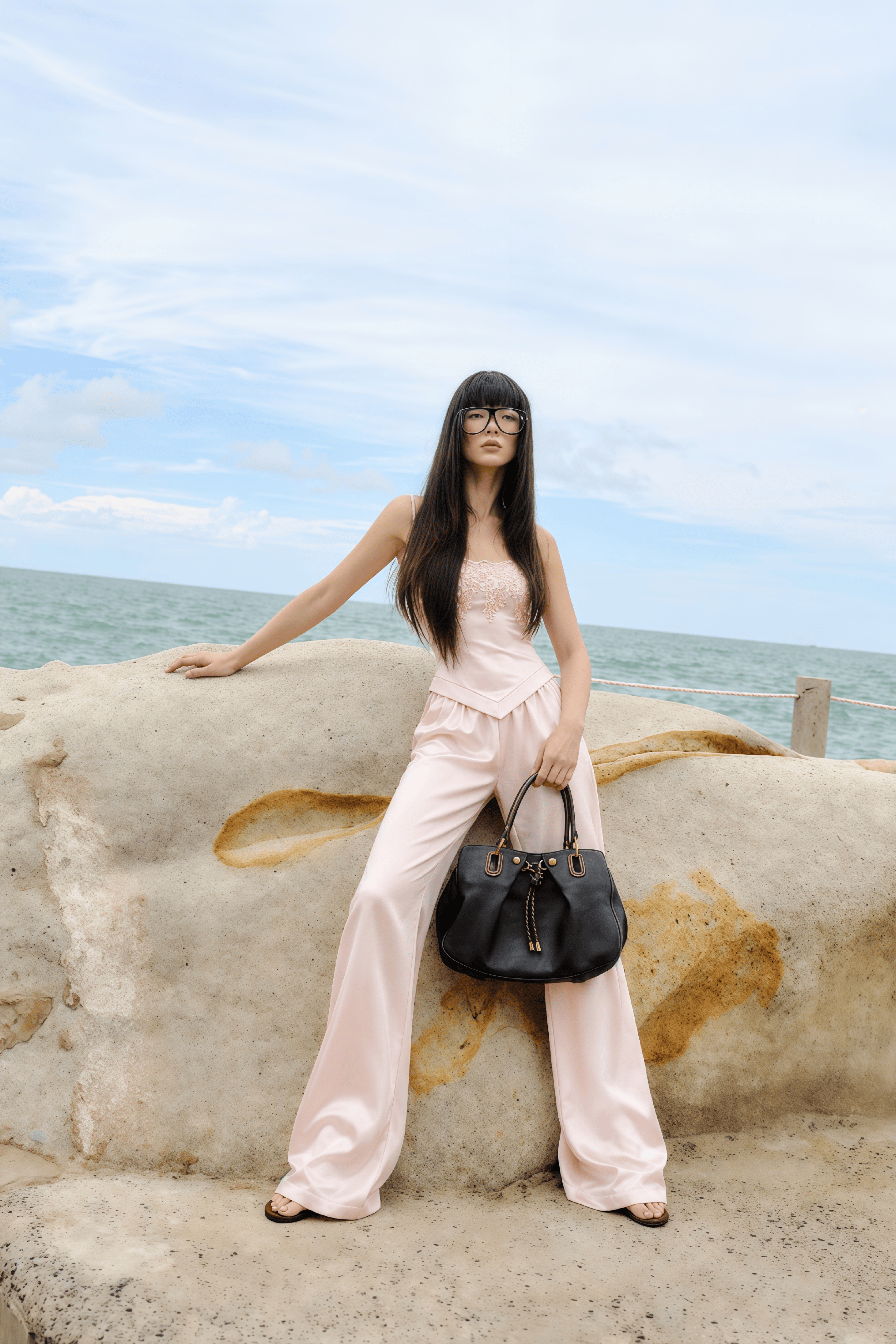 Apolline Pink Satin Top & Trousers Set with Floral Lace