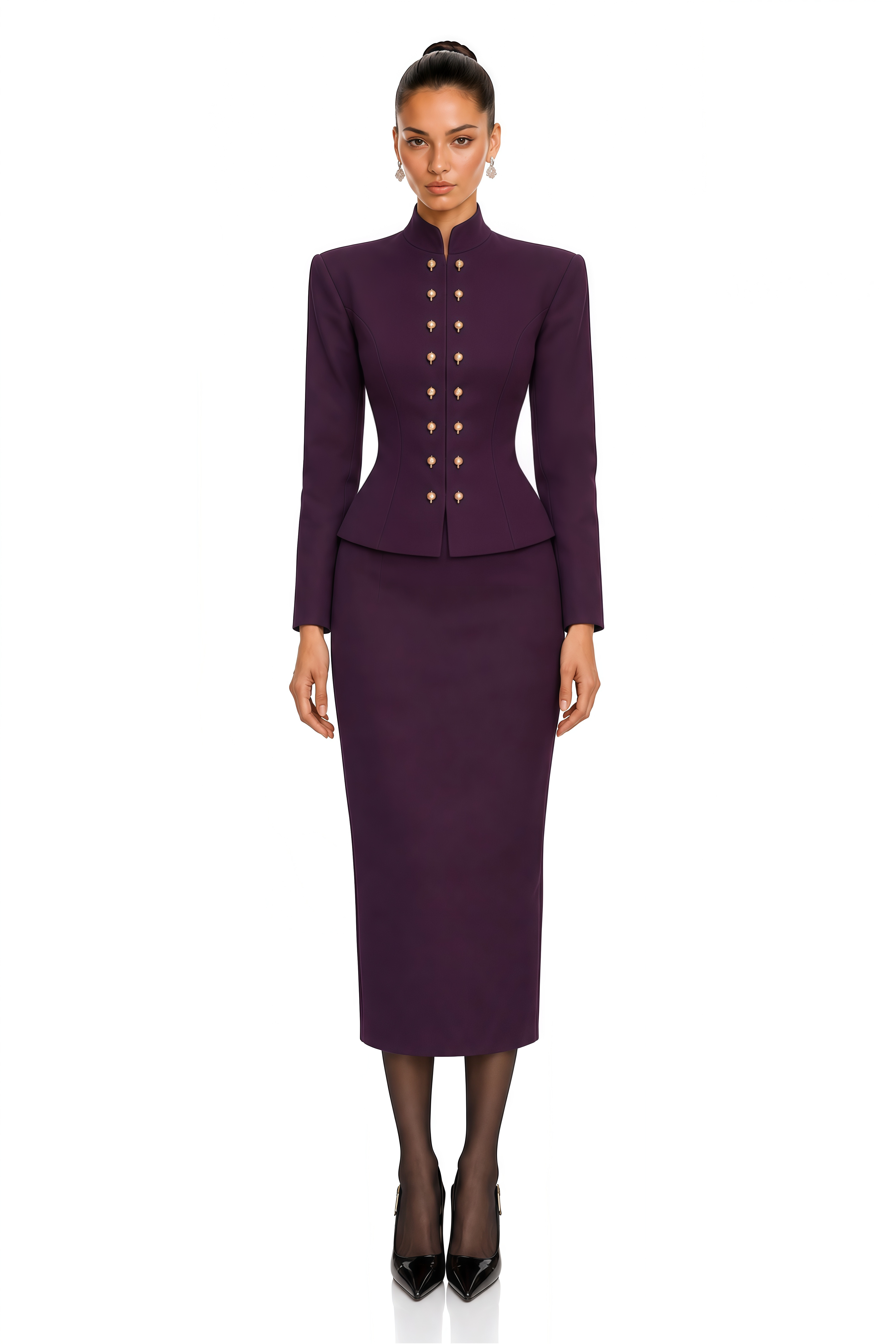 Apolline Plum Military Jacket & Pencil Midi Skirt Set