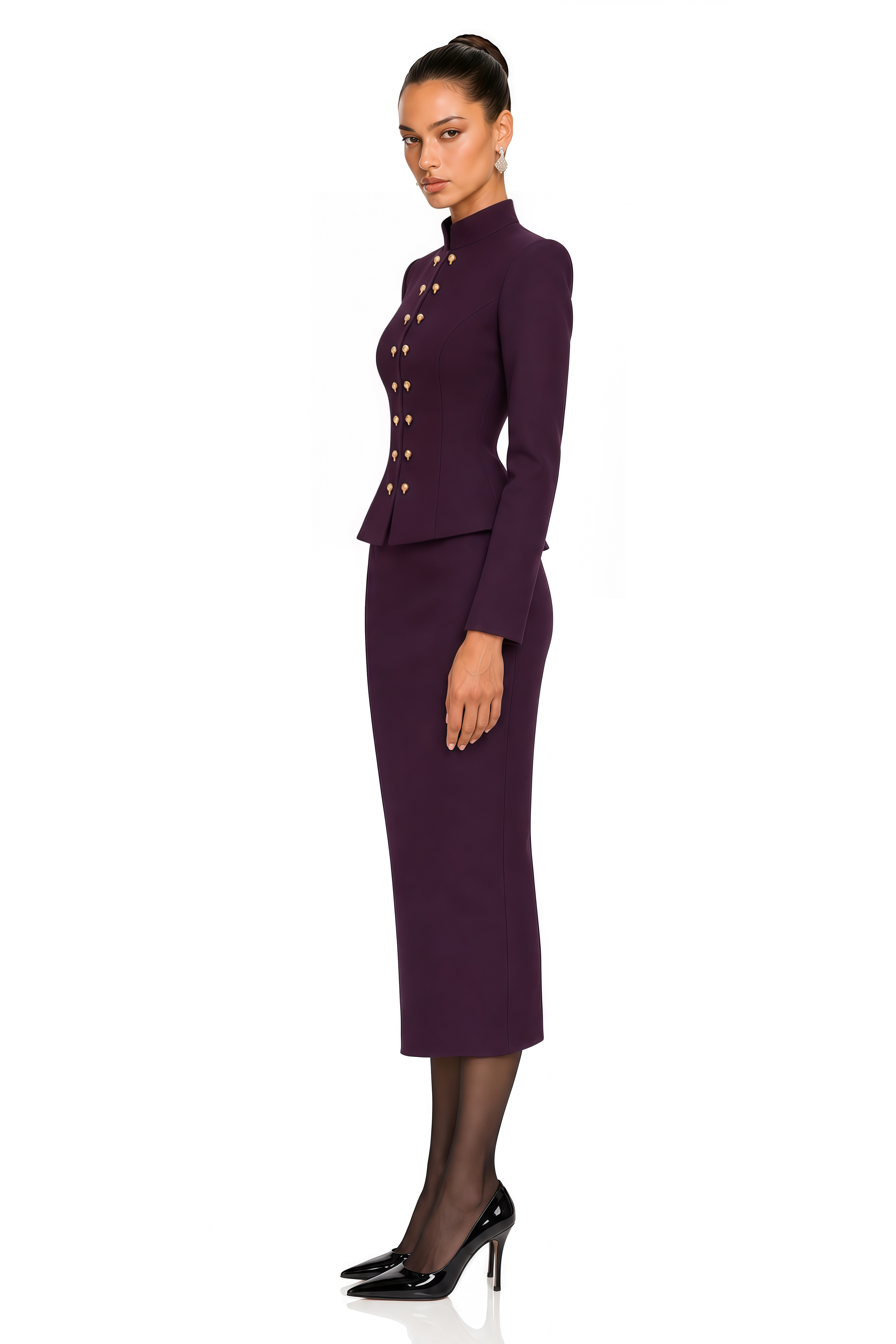 Apolline Plum Military Jacket & Pencil Midi Skirt Set