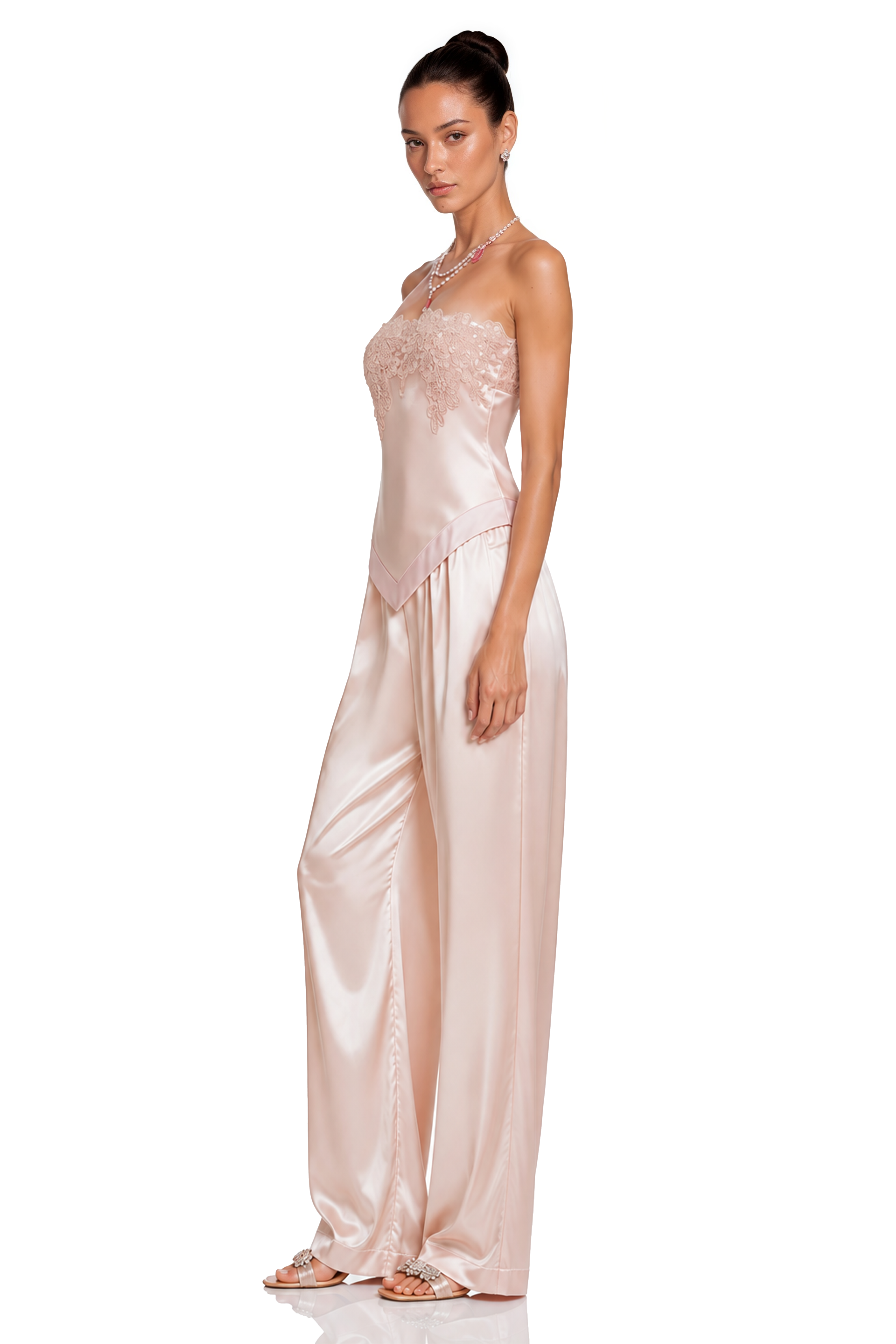 Apolline Pink Satin Top & Trousers Set with Floral Lace