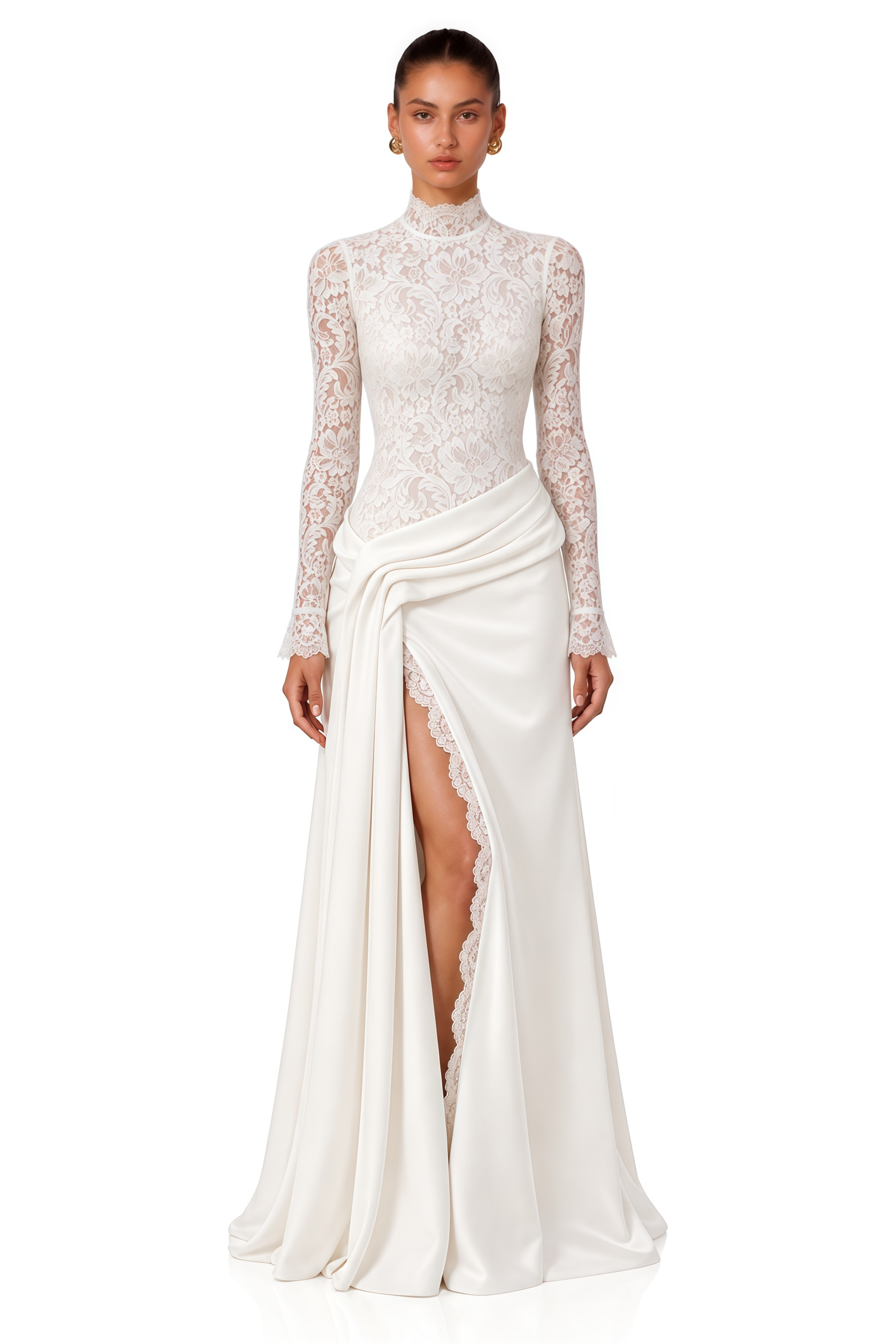 Arabella White High-Neck Lace Bodysuit & Draped Maxi Skirt Set