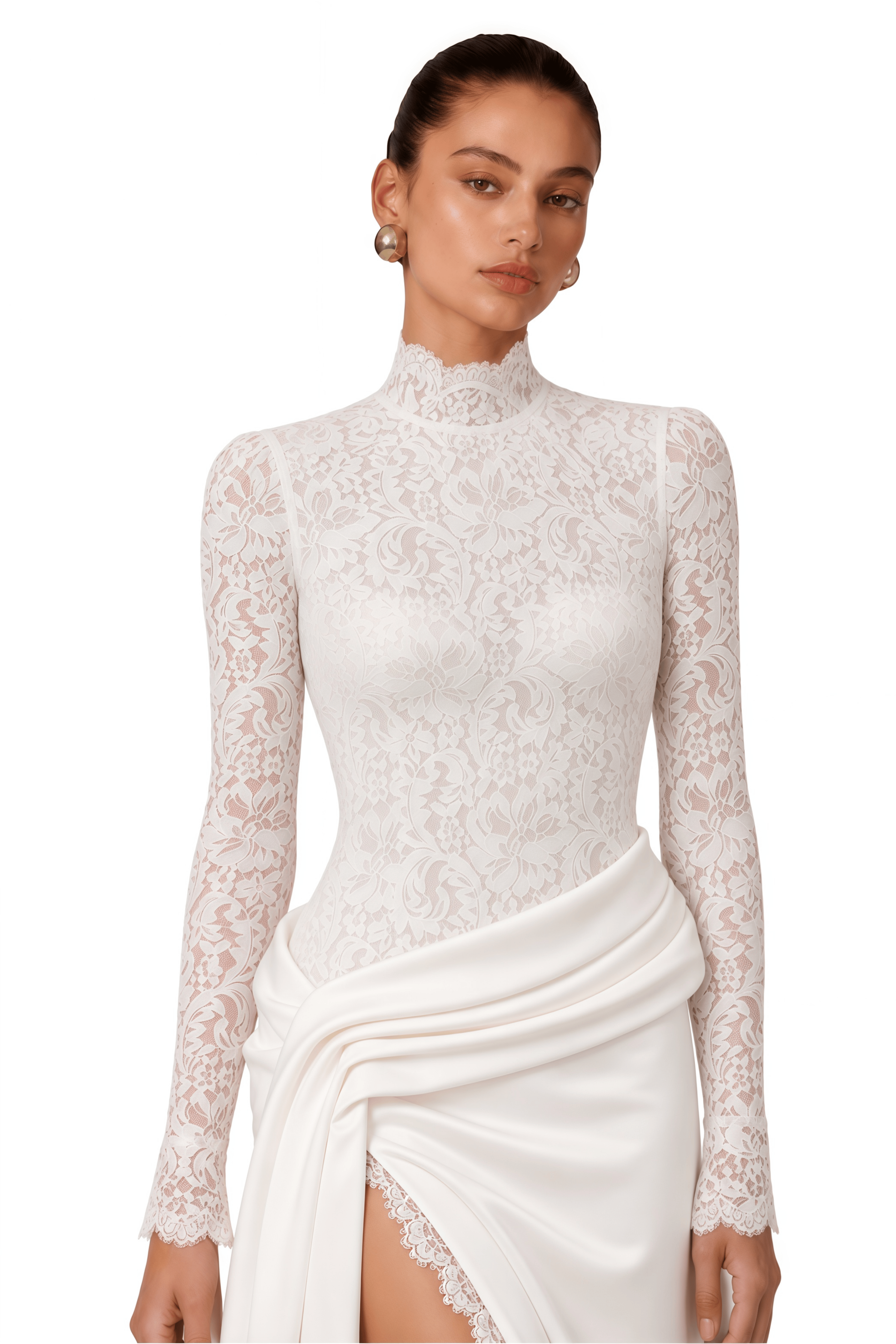 Arabella White High-Neck Lace Bodysuit & Draped Maxi Skirt Set