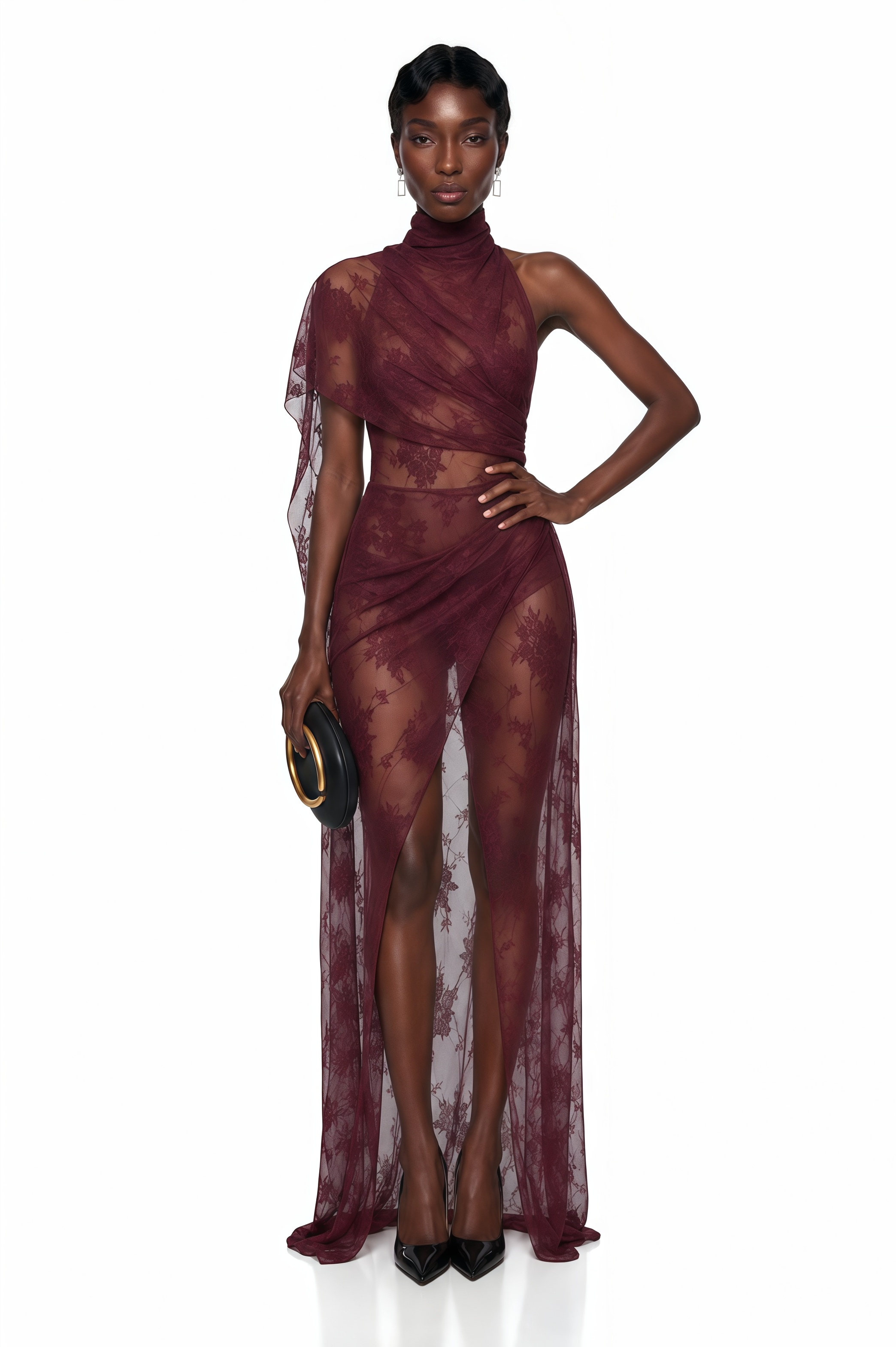 Burgundy sheer lace maxi dress with a high halter neck, draped shoulder, and front slit
