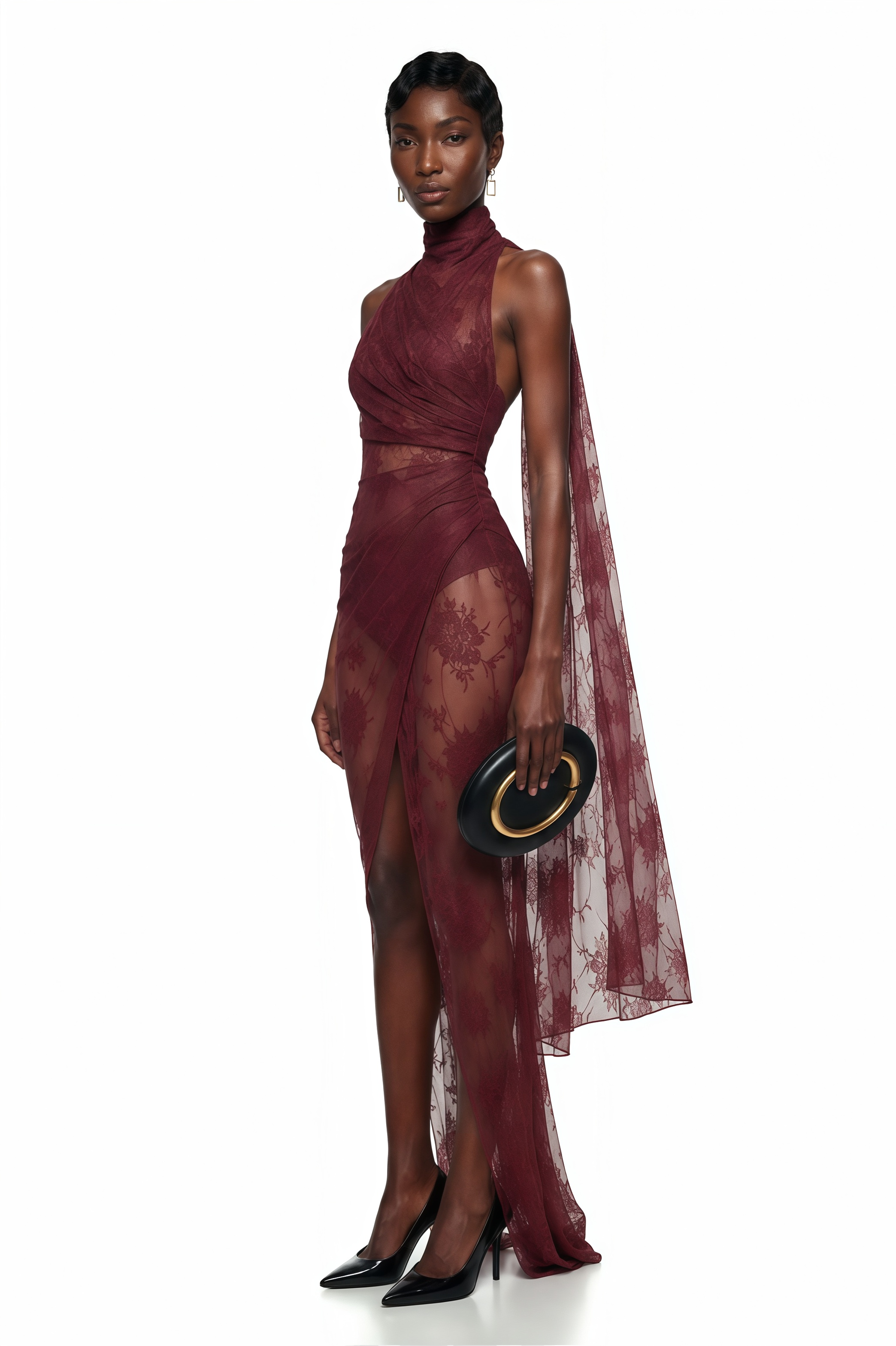 Burgundy sheer lace maxi dress with a high halter neck, draped shoulder, and front slit