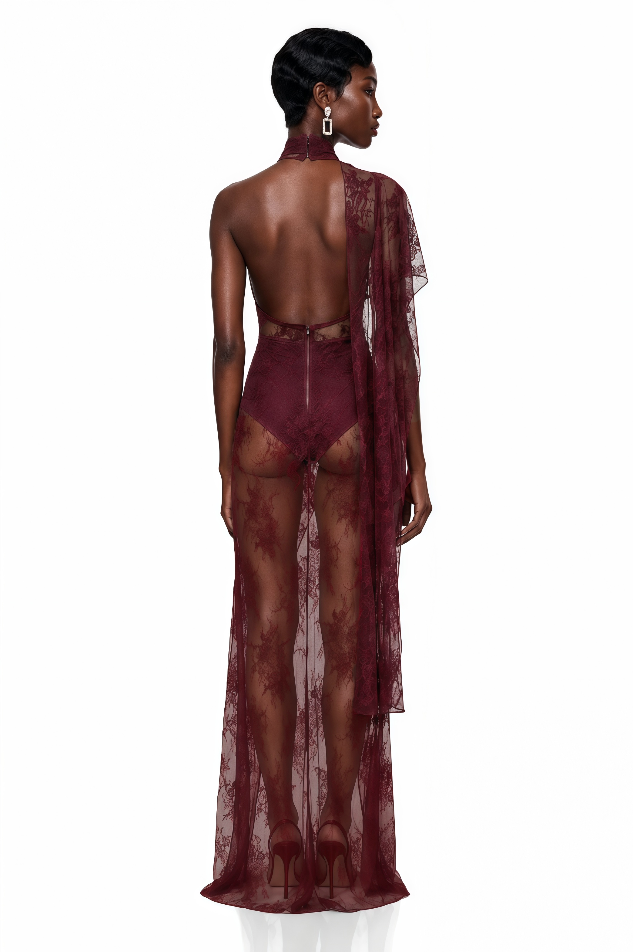 Burgundy sheer lace maxi dress with a high halter neck, draped shoulder, and front slit