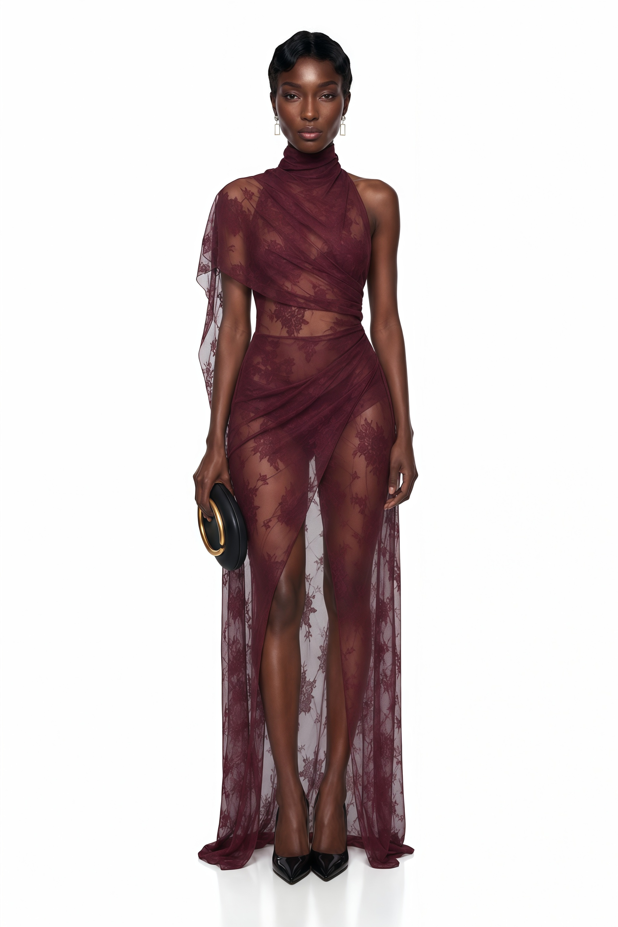 Burgundy sheer lace maxi dress with a high halter neck, draped shoulder, and front slit