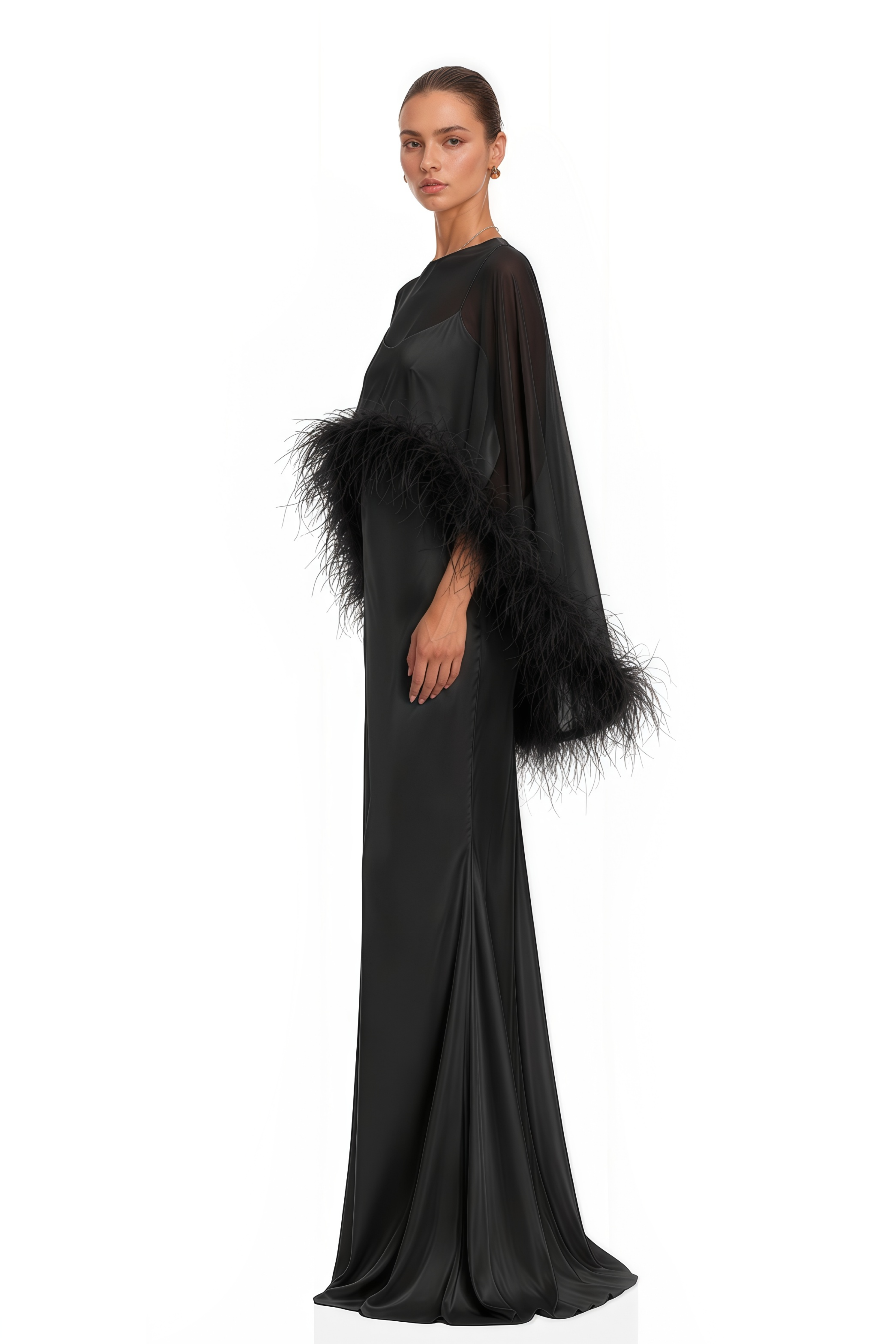 Araminta Black Maxi Dress & Shawl Set with Feather Trim