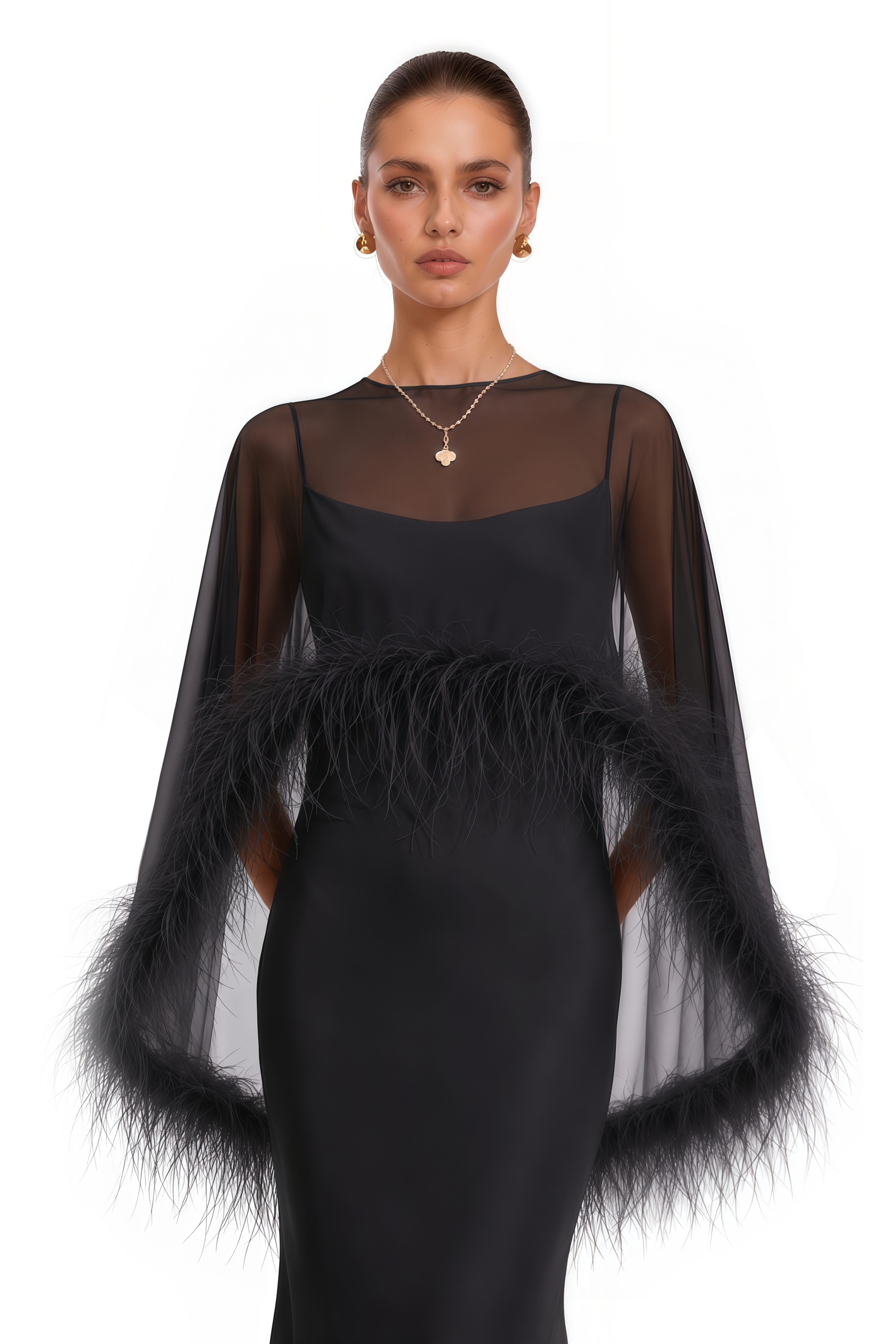 Araminta Black Maxi Dress & Shawl Set with Feather Trim