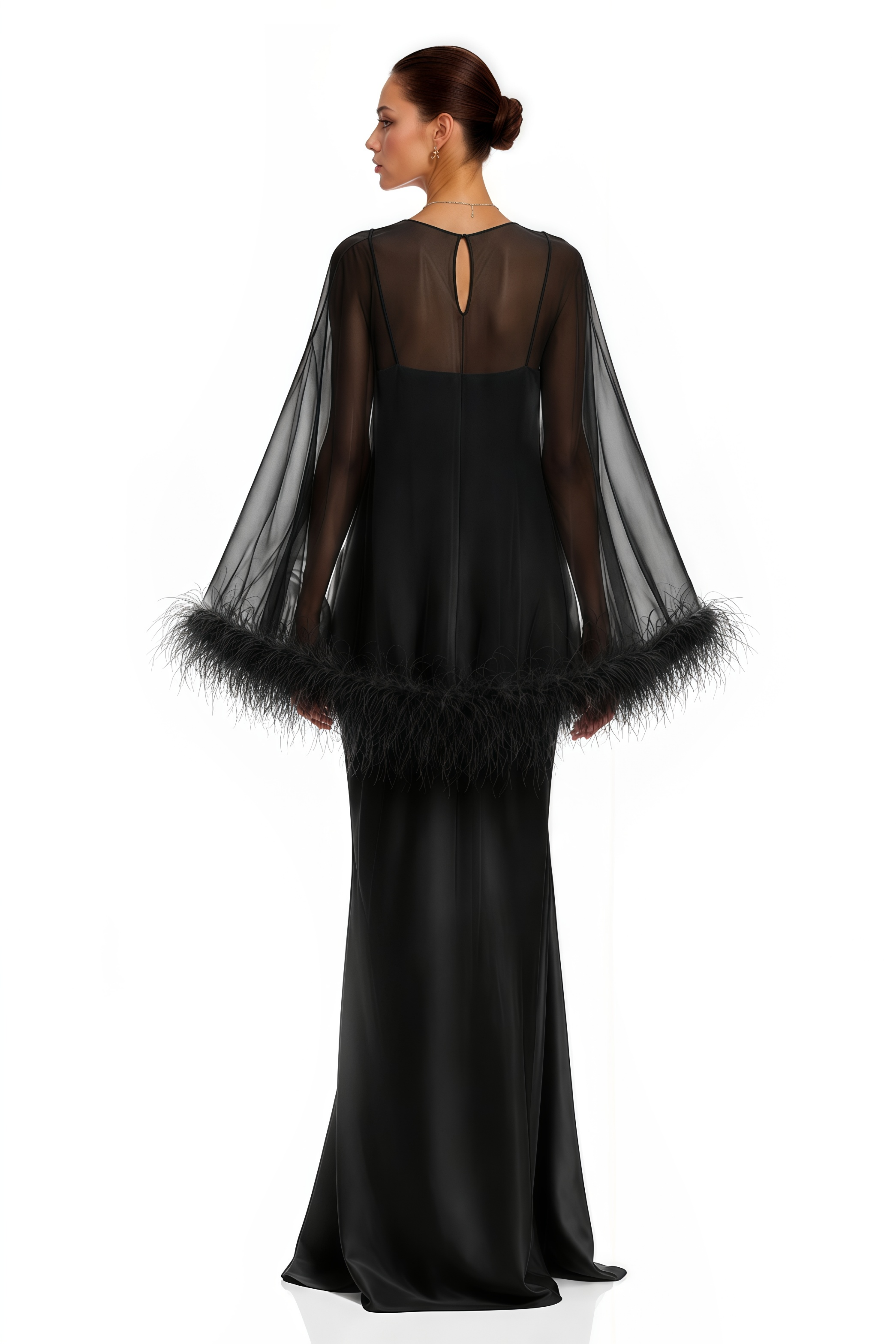 Araminta Black Maxi Dress & Shawl Set with Feather Trim