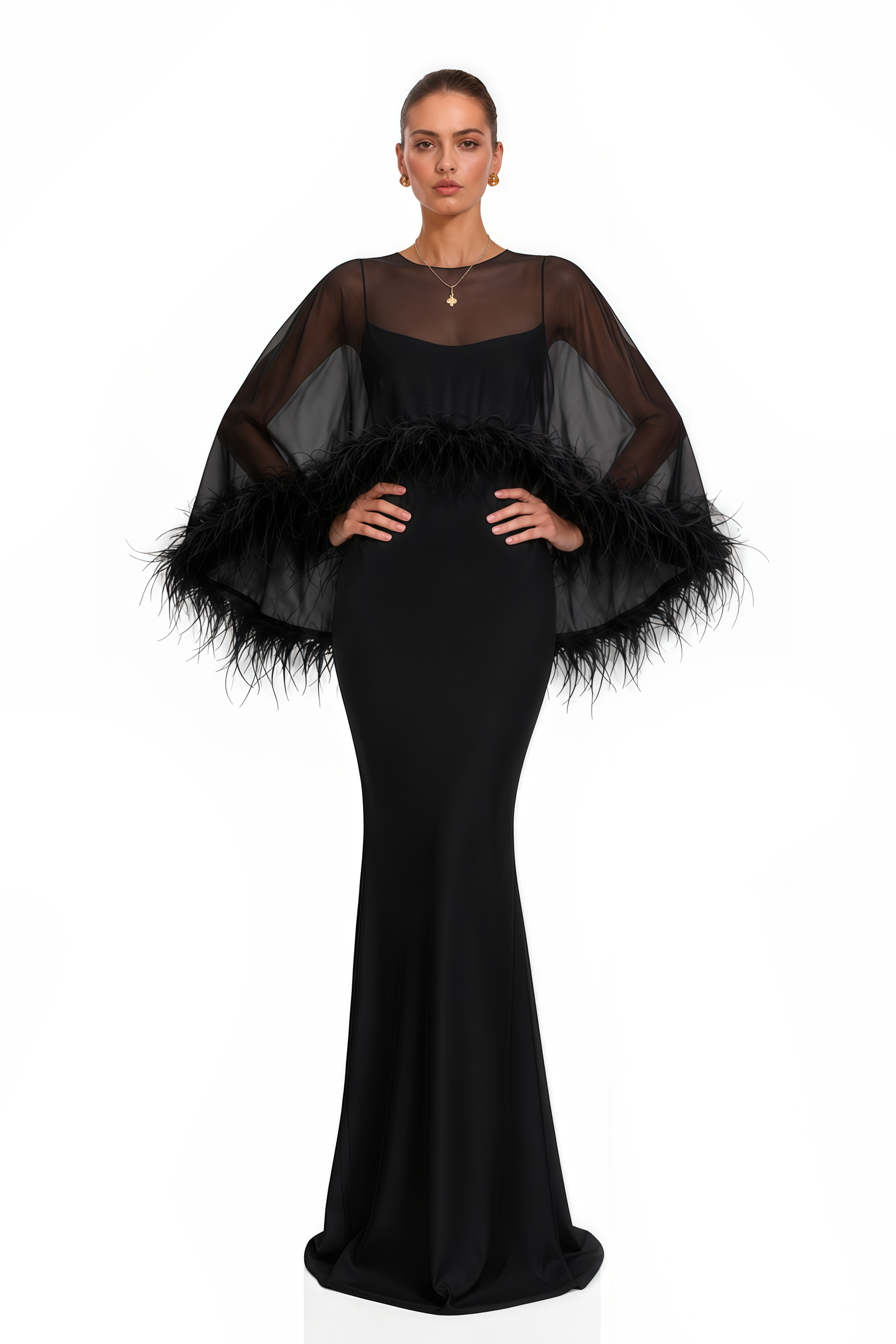 Araminta Black Maxi Dress & Shawl Set with Feather Trim