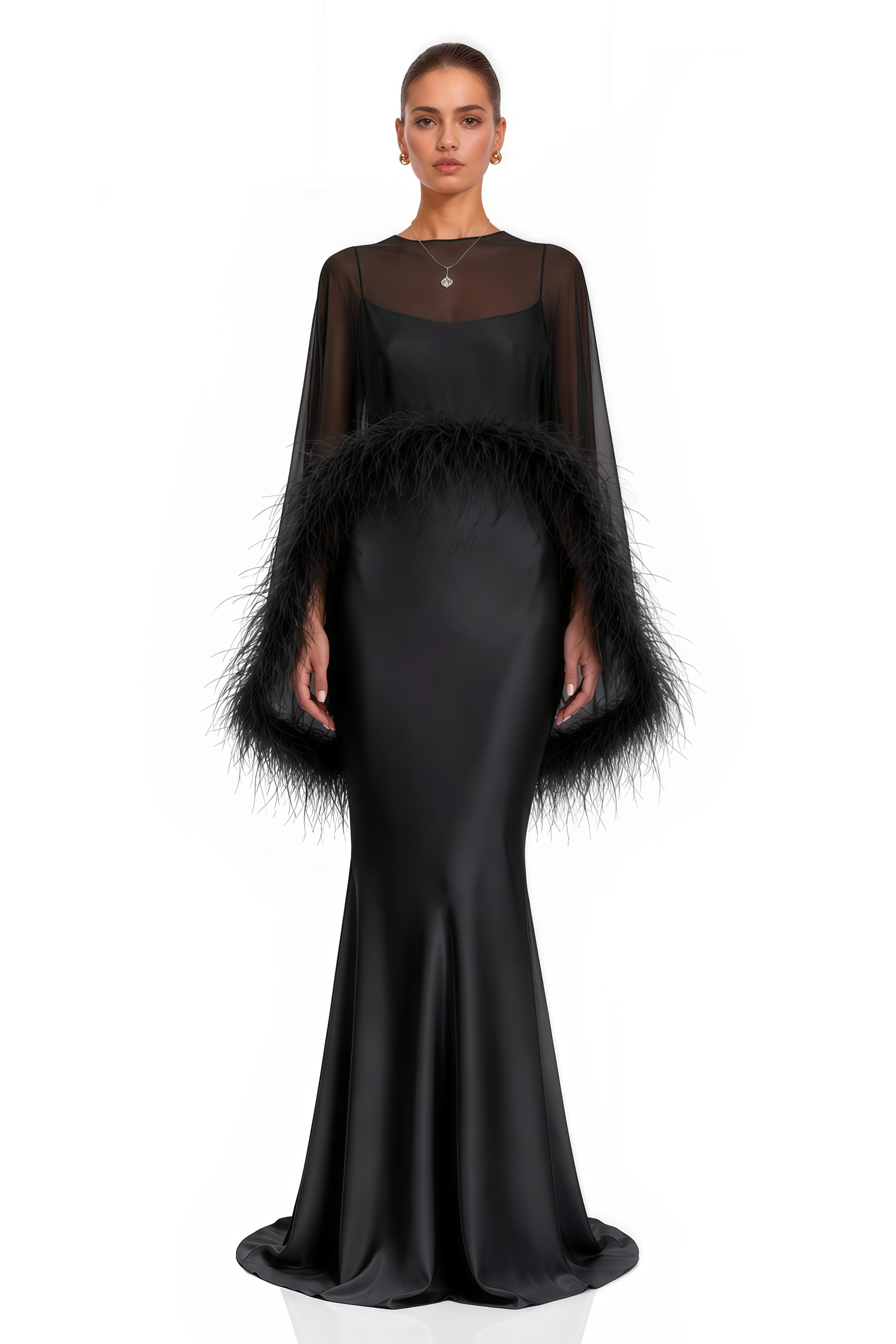 Araminta Black Maxi Dress & Shawl Set with Feather Trim