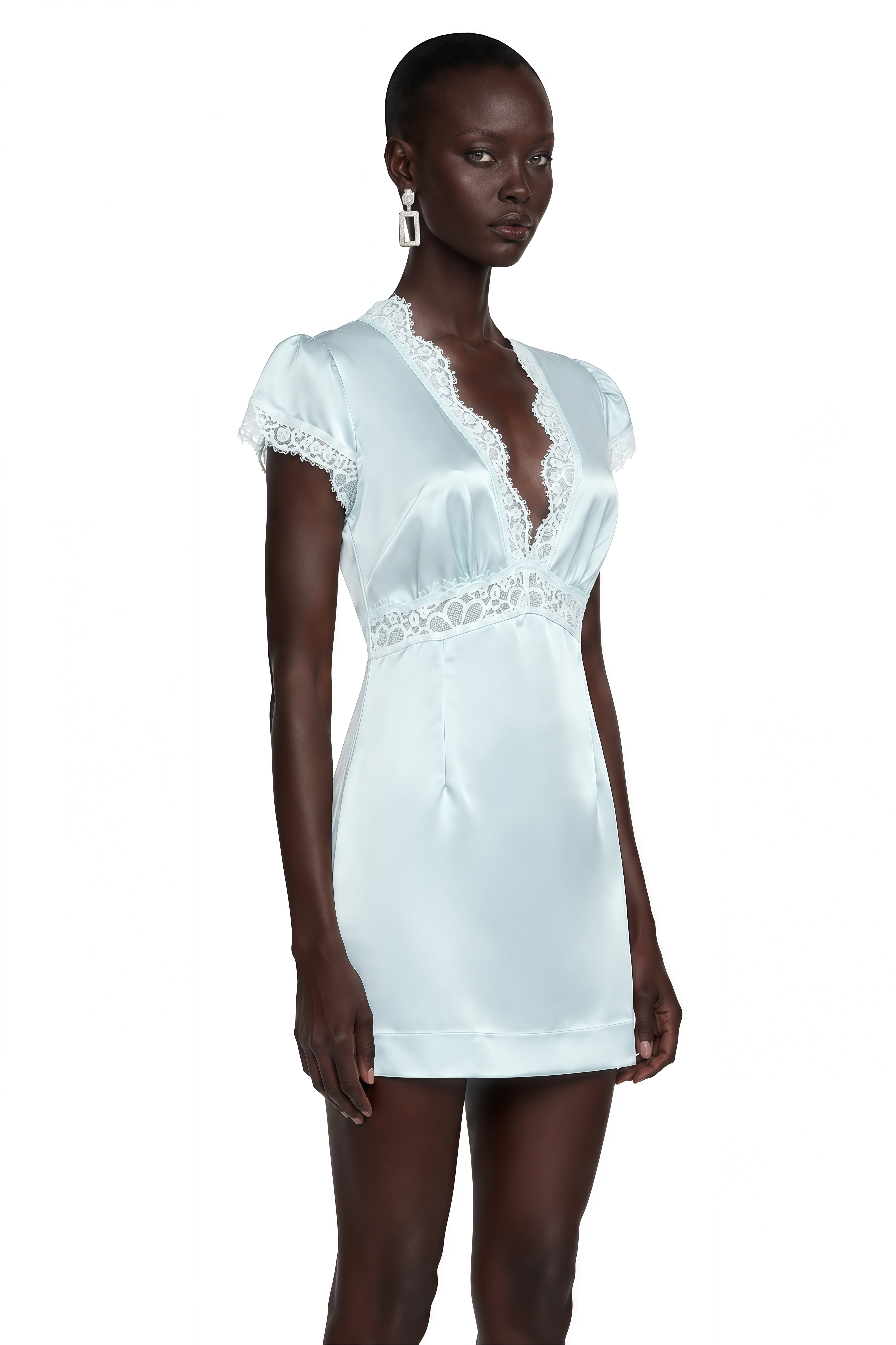 Araminta Blue Satin Mini Dress with Lace Trim