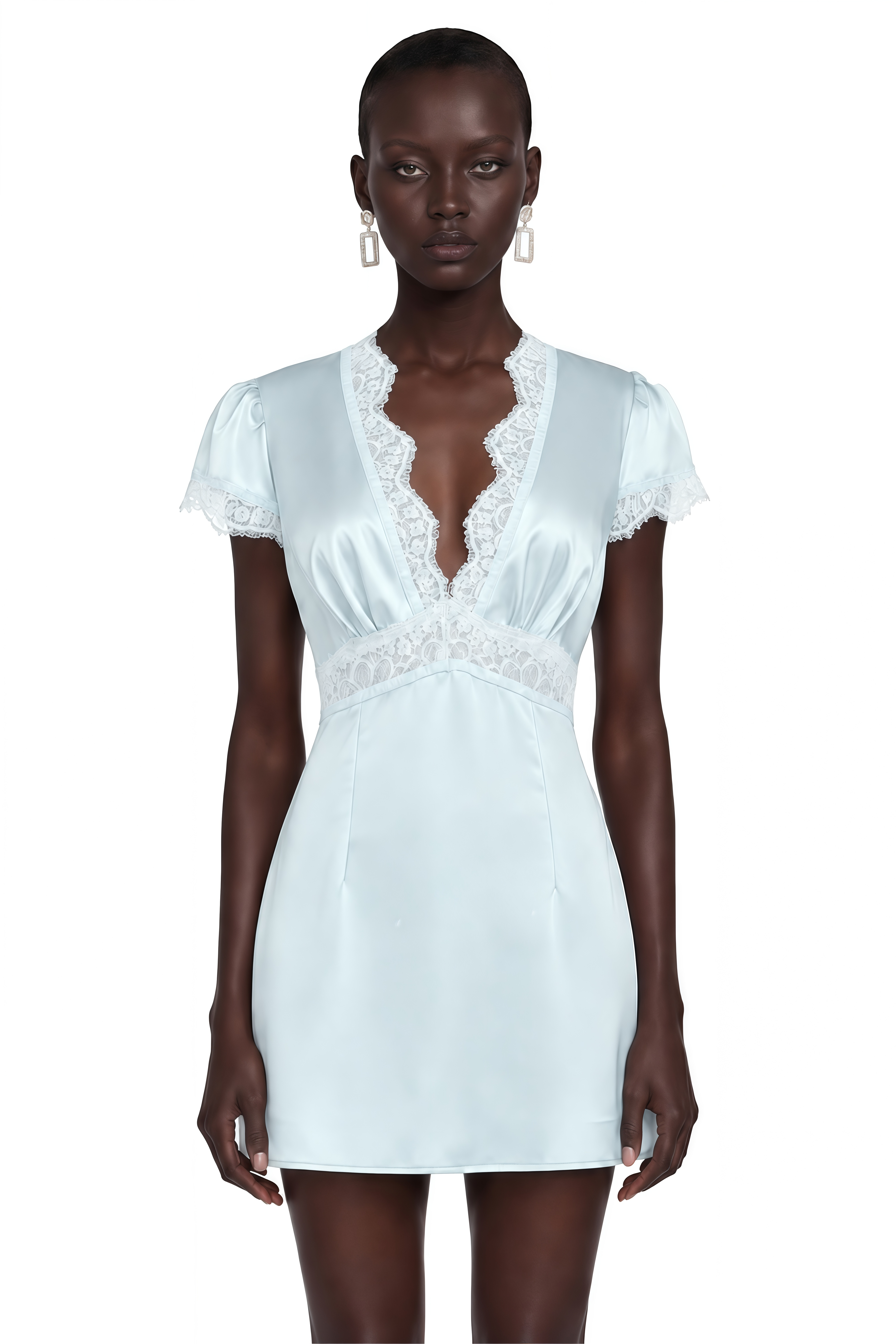 Araminta Blue Satin Mini Dress with Lace Trim