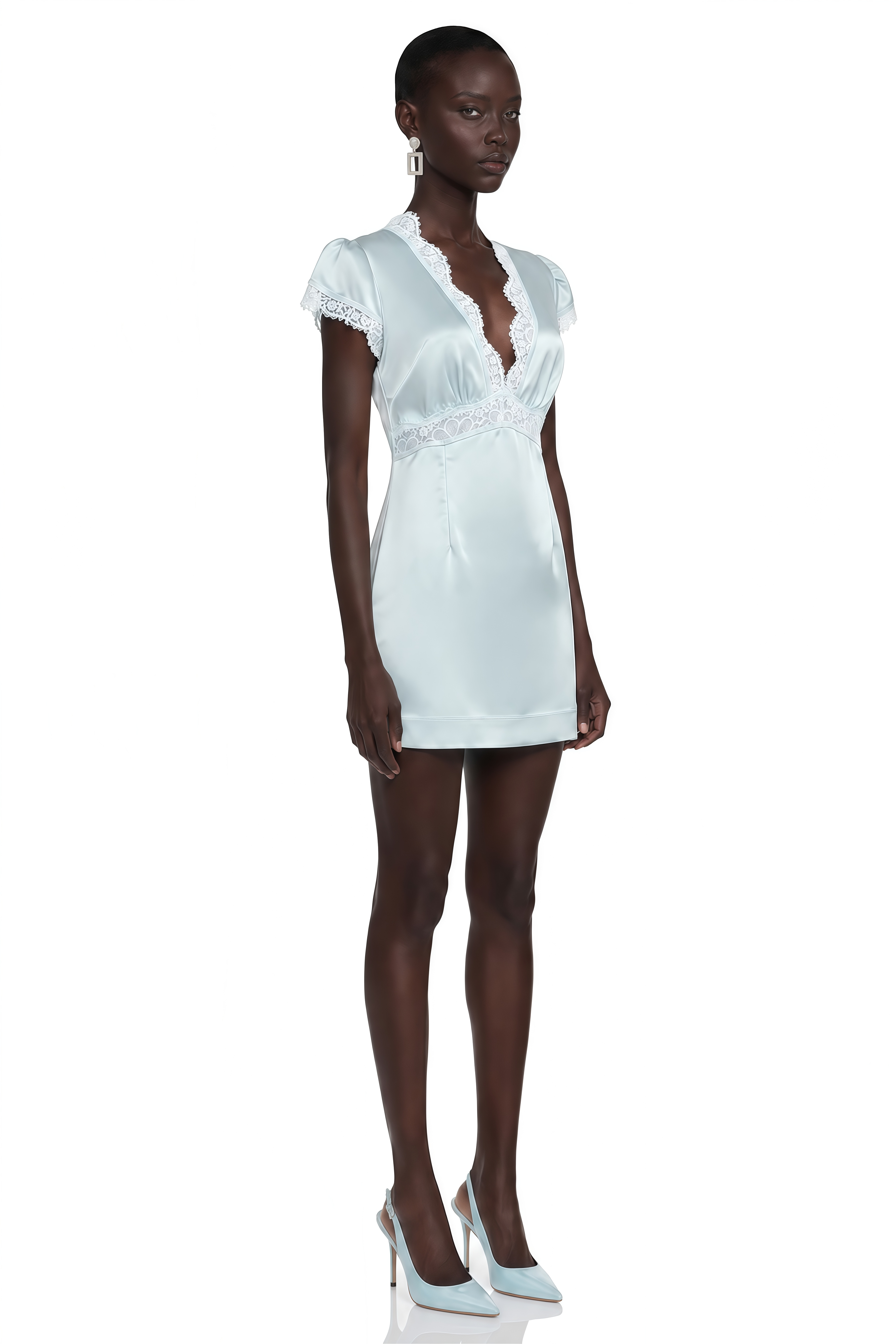 Araminta Blue Satin Mini Dress with Lace Trim