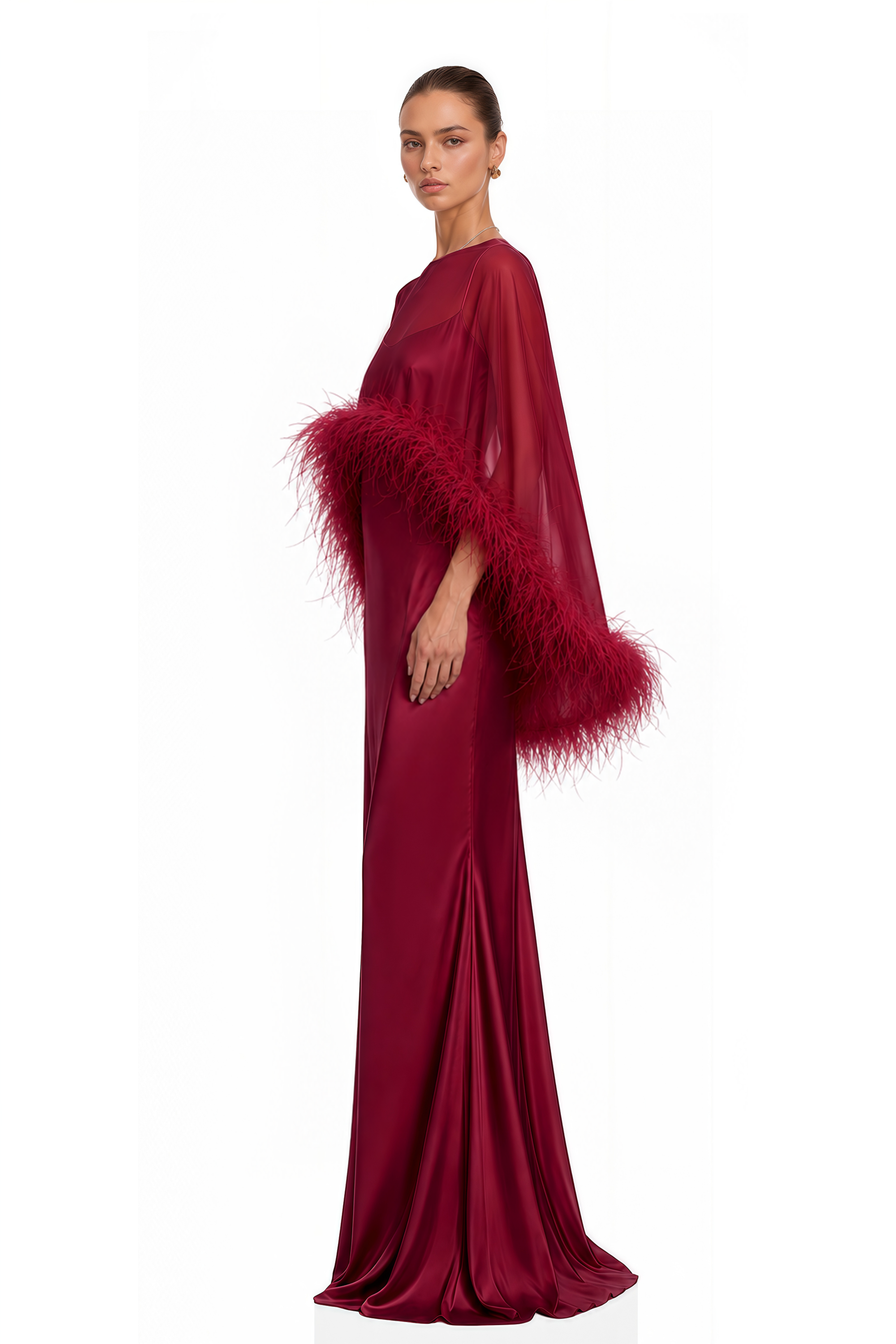 Araminta Burgundy Maxi Dress & Shawl Set with Feather Trim