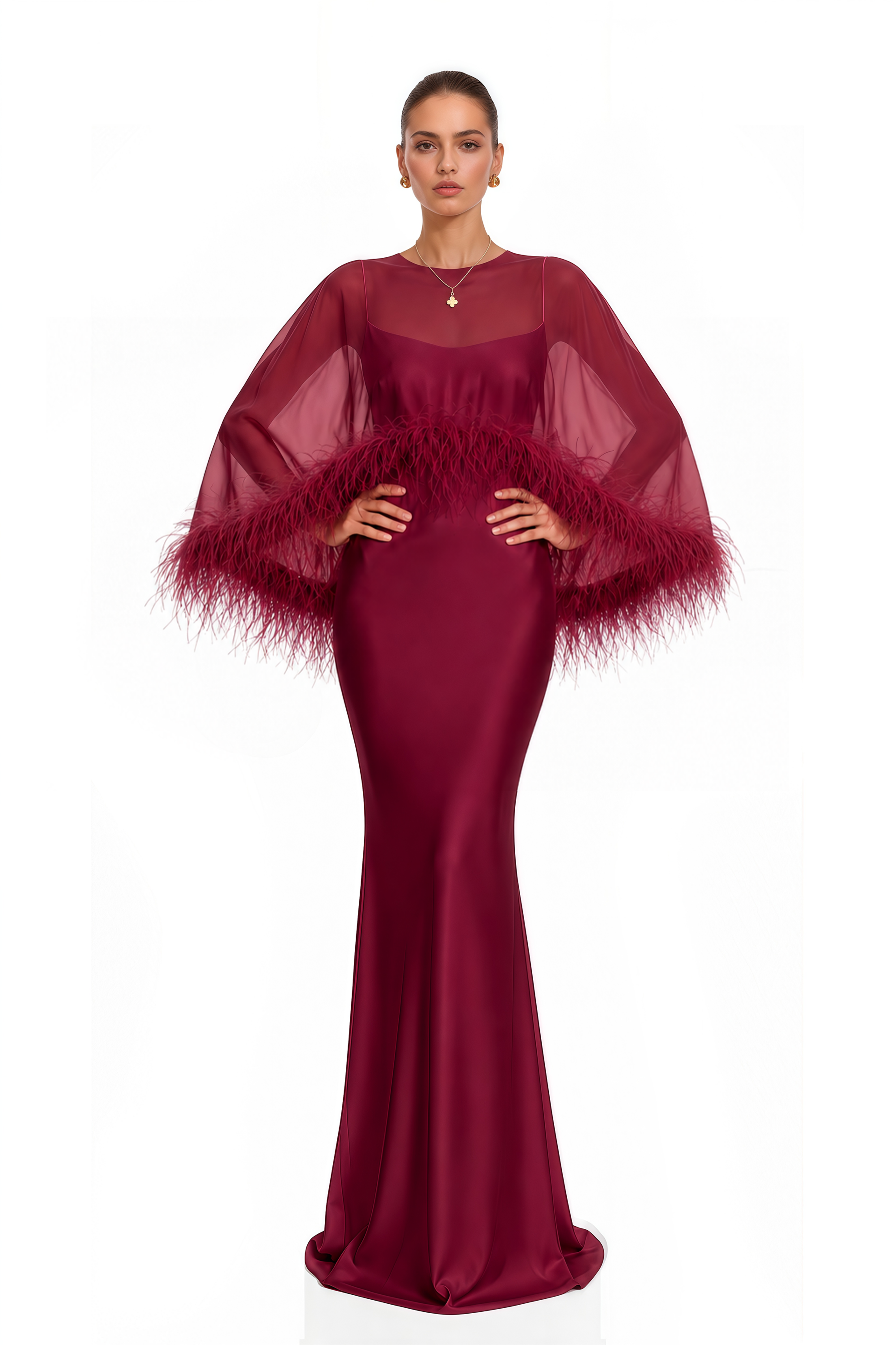 Araminta Burgundy Maxi Dress & Shawl Set with Feather Trim