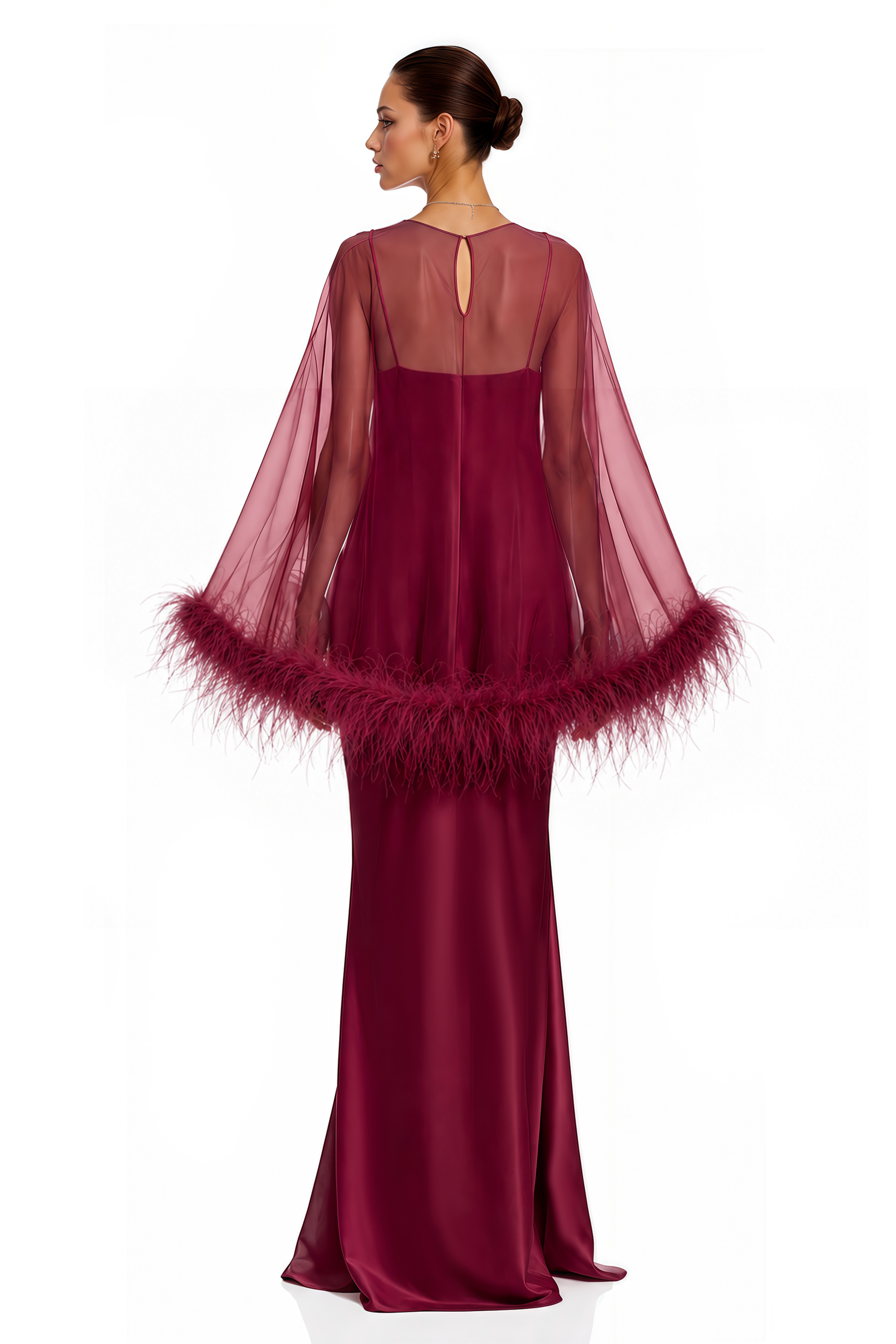 Araminta Burgundy Maxi Dress & Shawl Set with Feather Trim