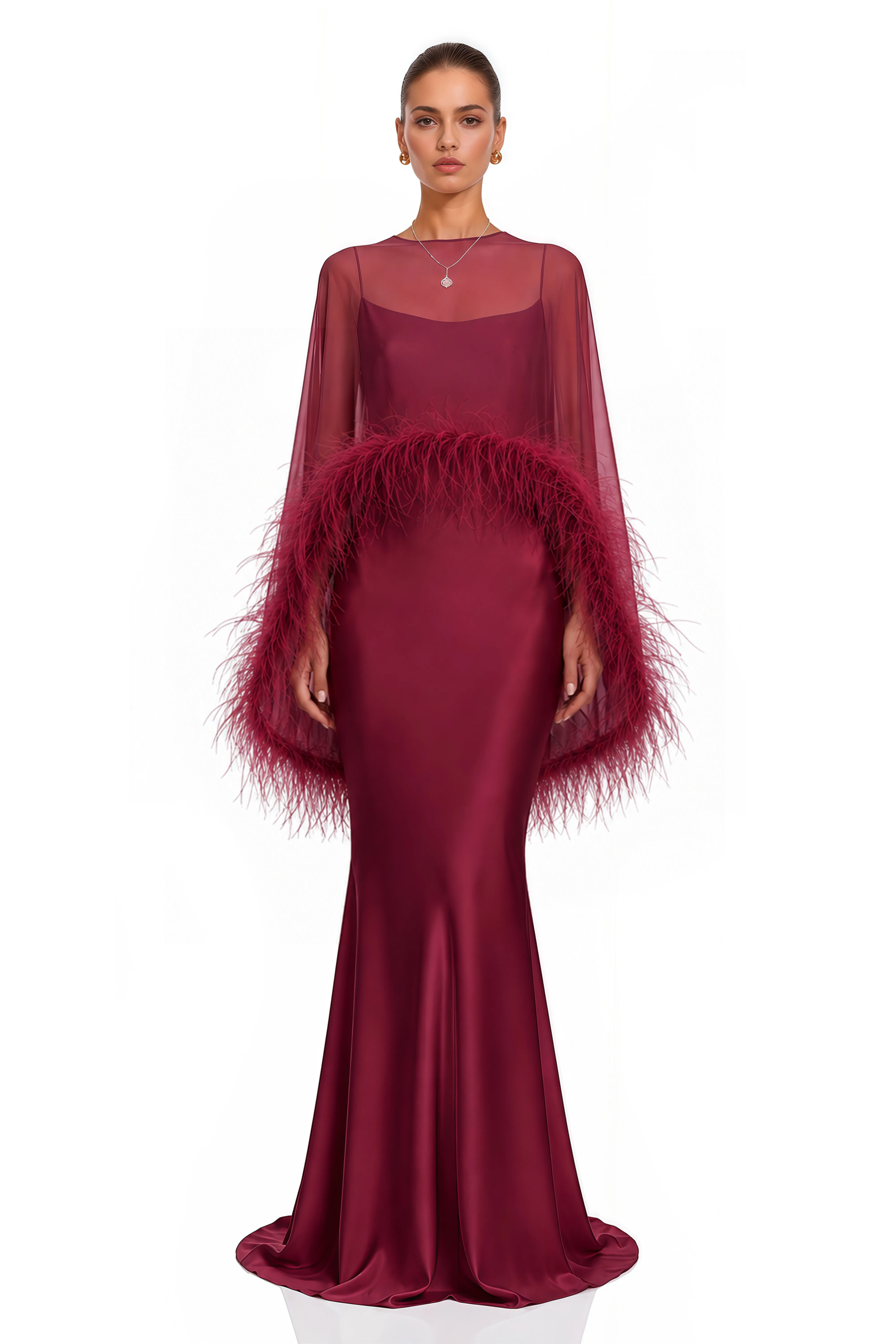 Araminta Burgundy Maxi Dress & Shawl Set with Feather Trim