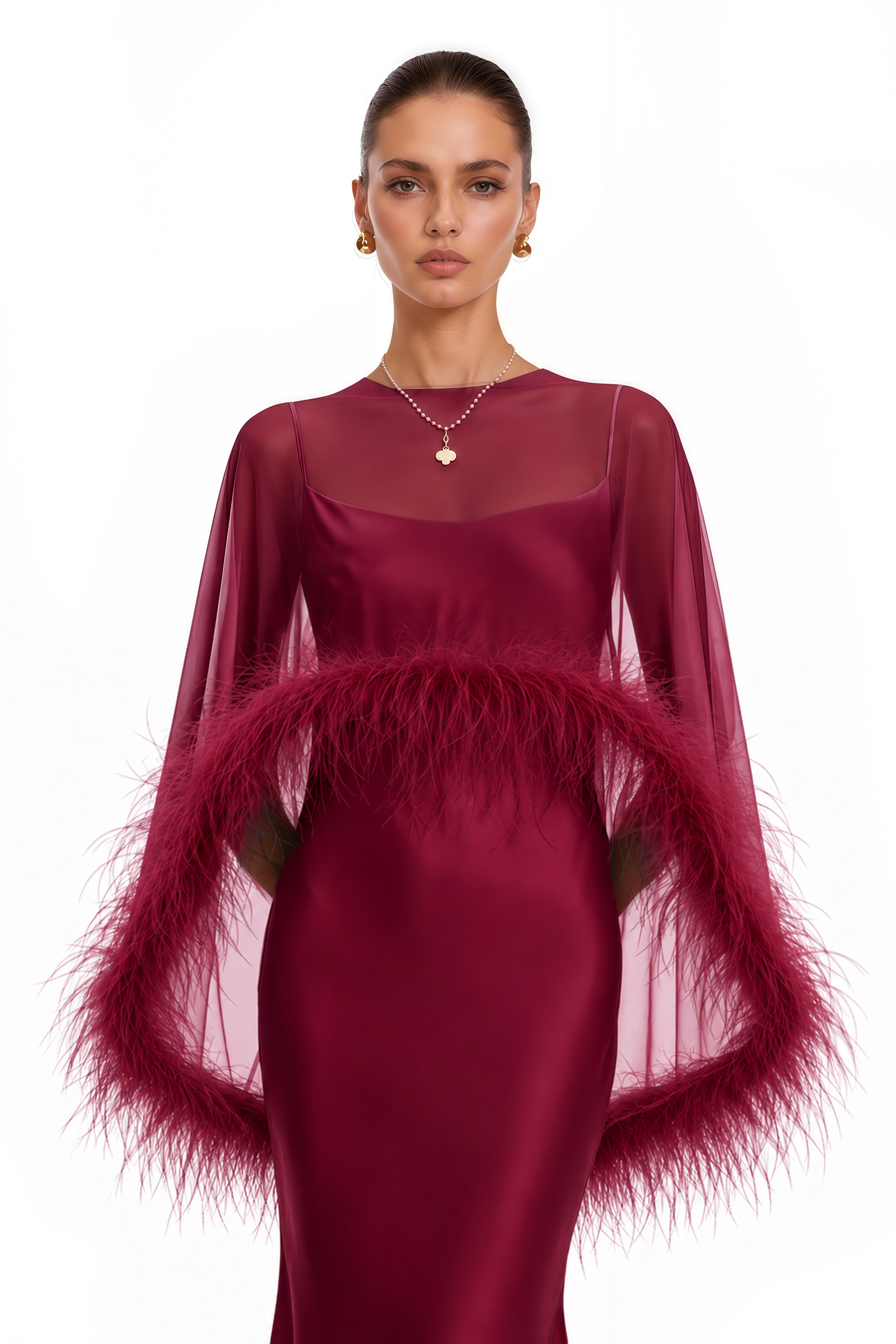 Araminta Burgundy Maxi Dress & Shawl Set with Feather Trim