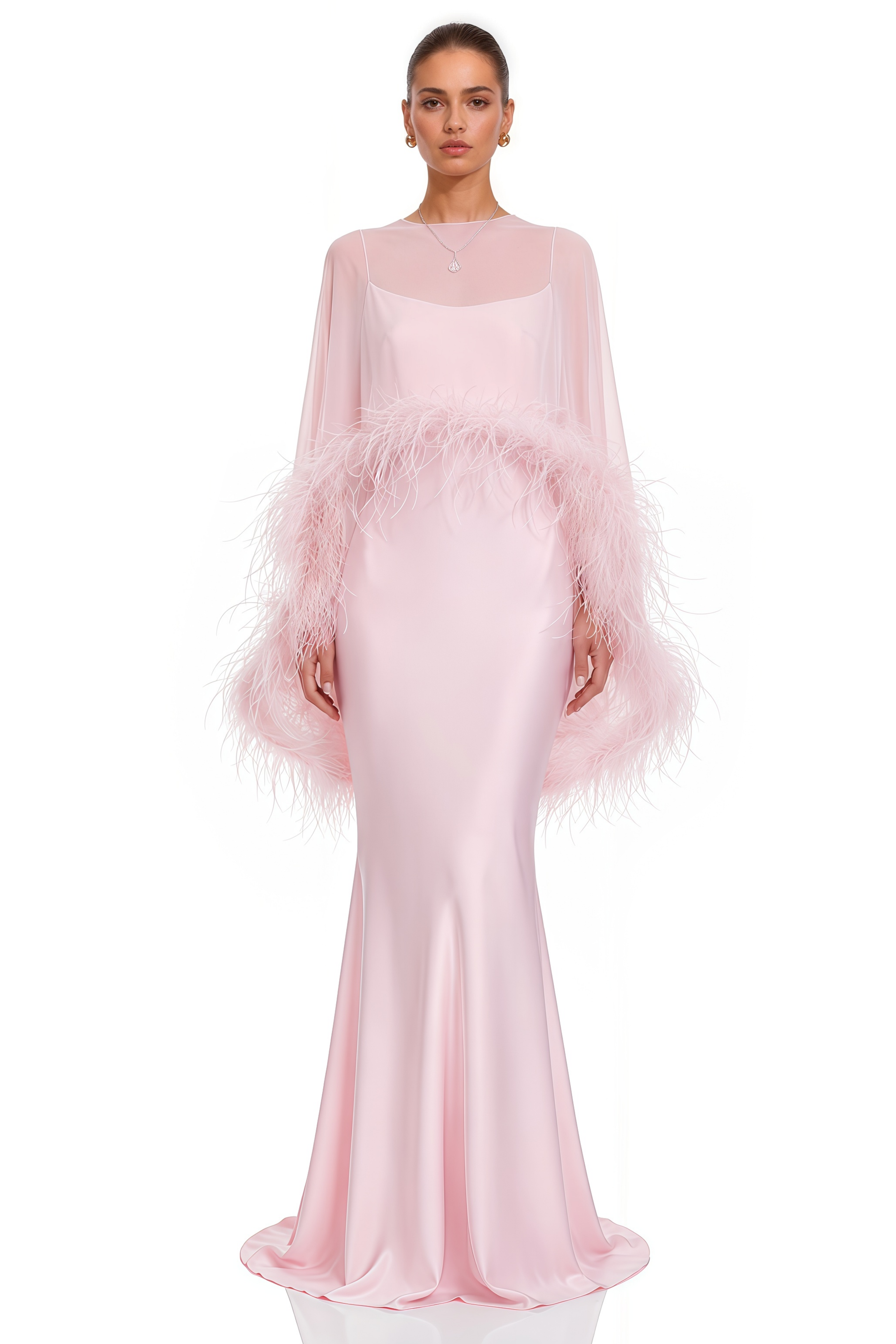 Araminta Pink Maxi Dress & Shawl Set with Feather Trim