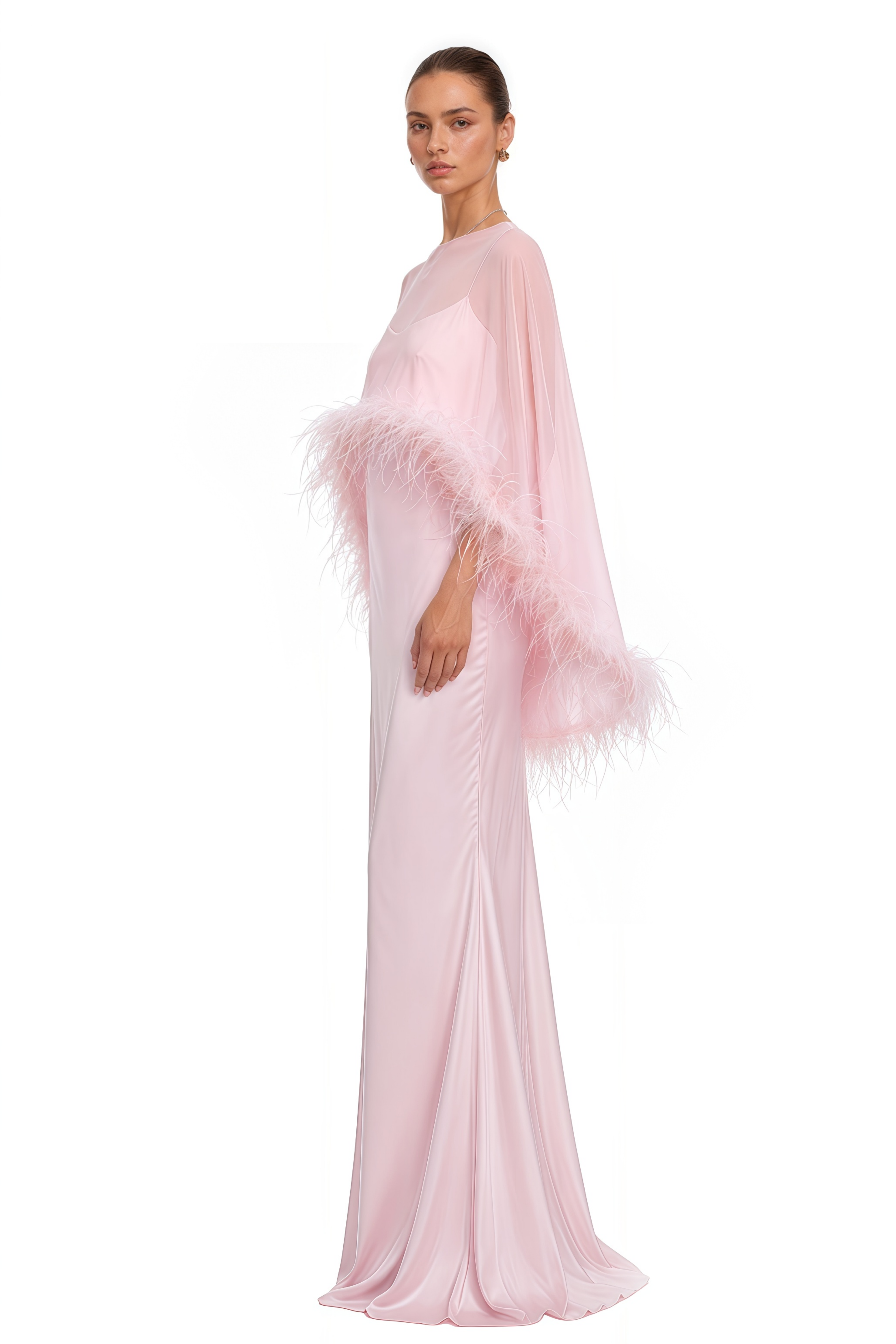 Araminta Pink Maxi Dress & Shawl Set with Feather Trim