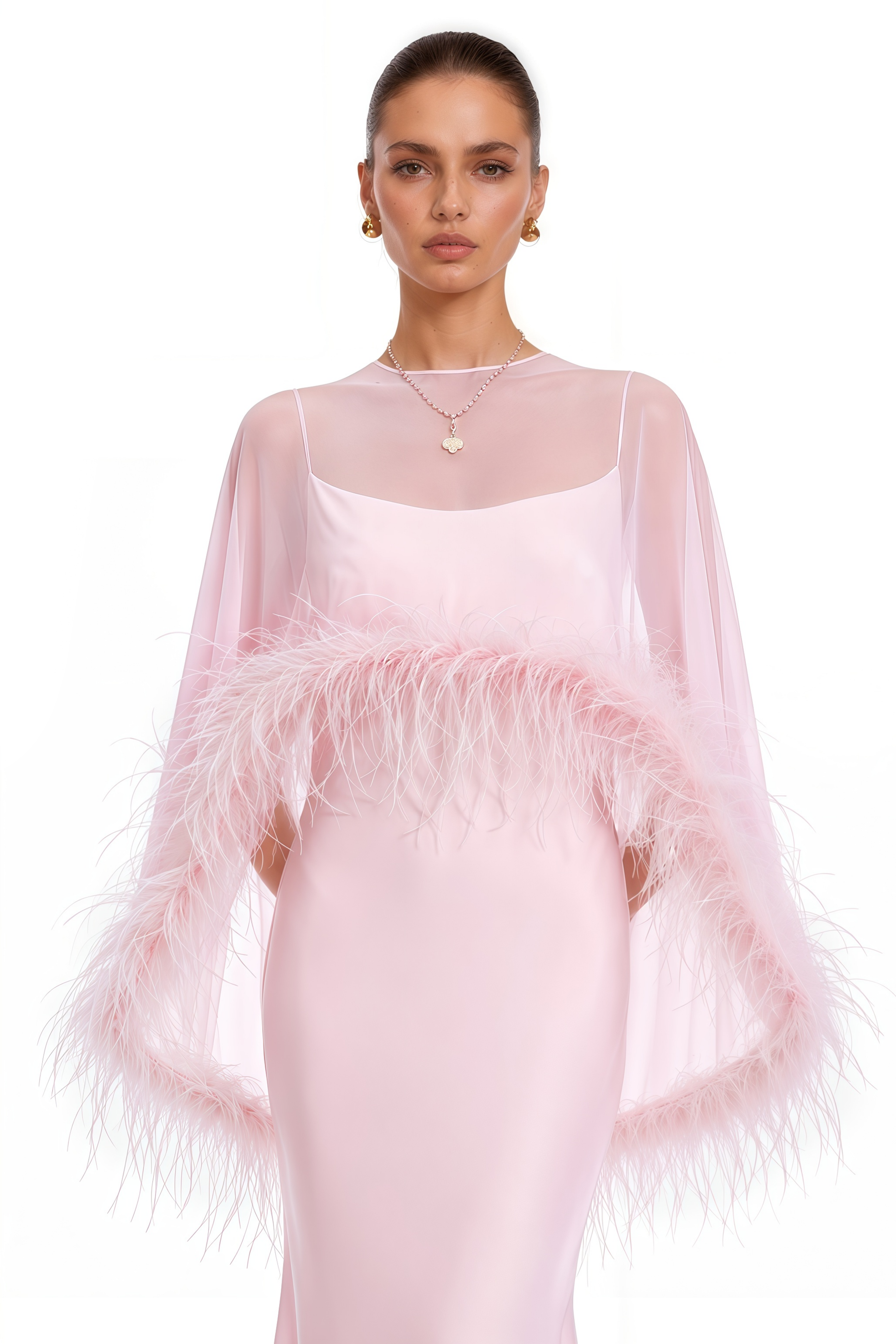 Araminta Pink Maxi Dress & Shawl Set with Feather Trim