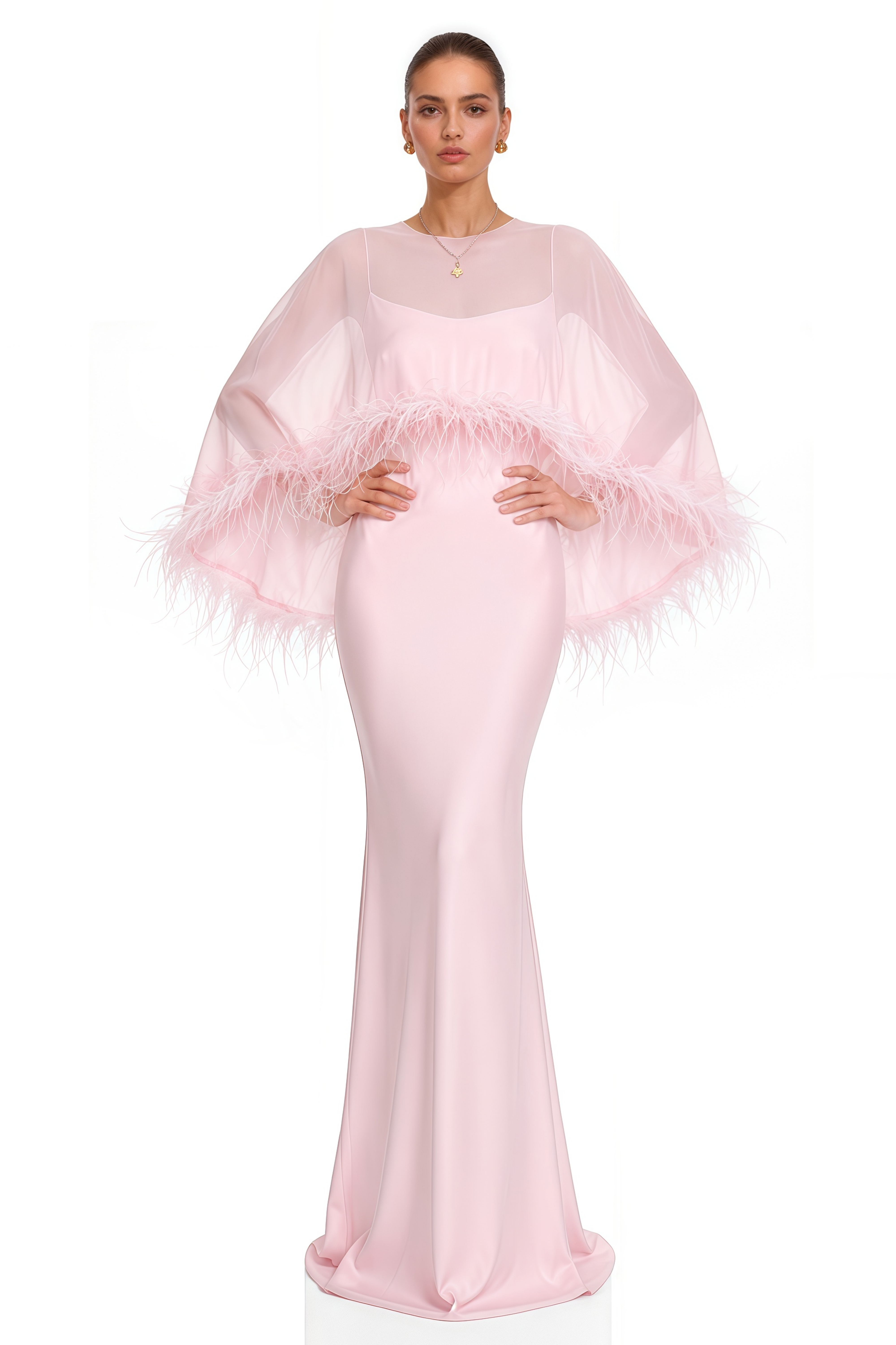 Araminta Pink Maxi Dress & Shawl Set with Feather Trim
