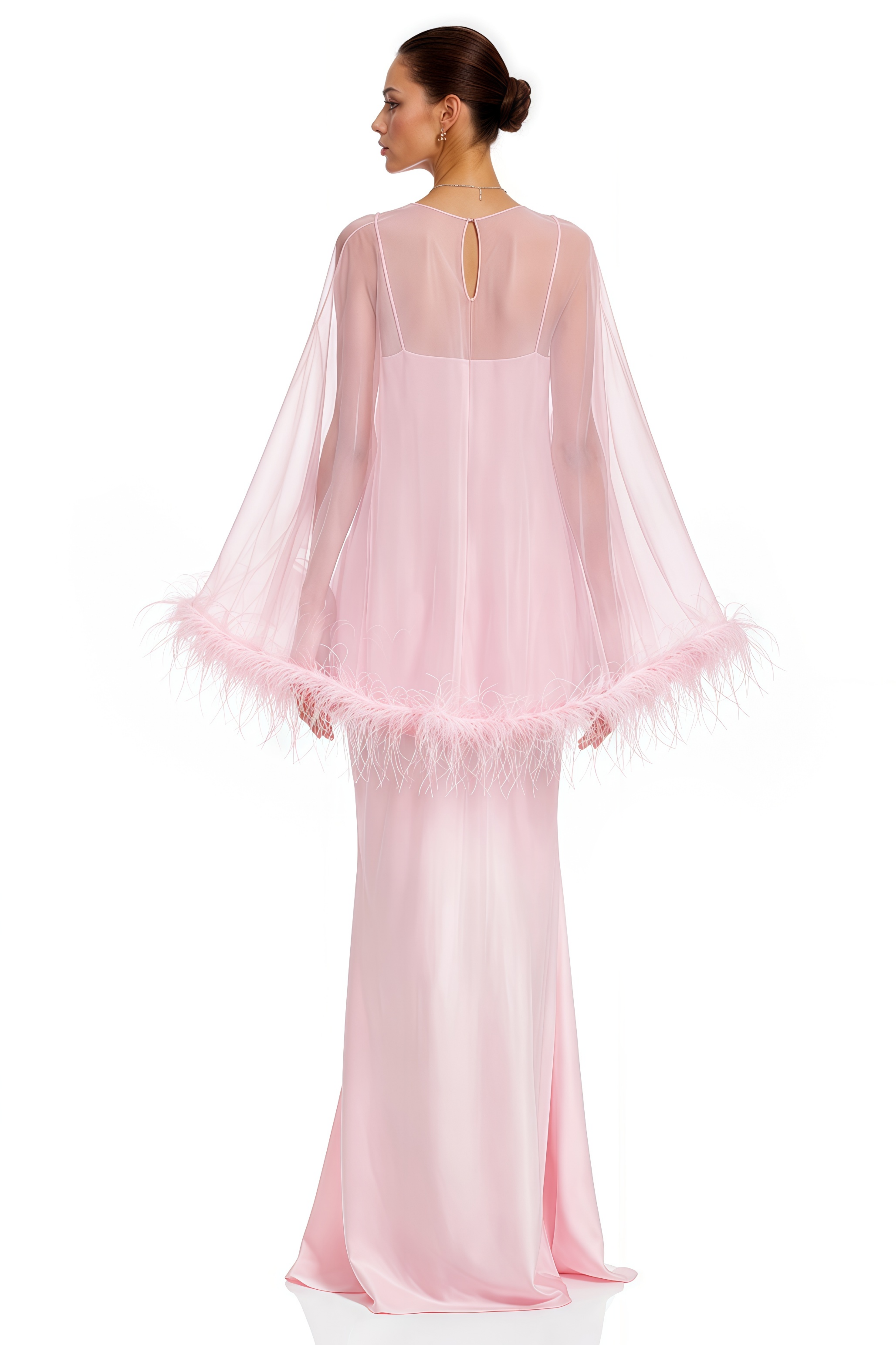 Araminta Pink Maxi Dress & Shawl Set with Feather Trim