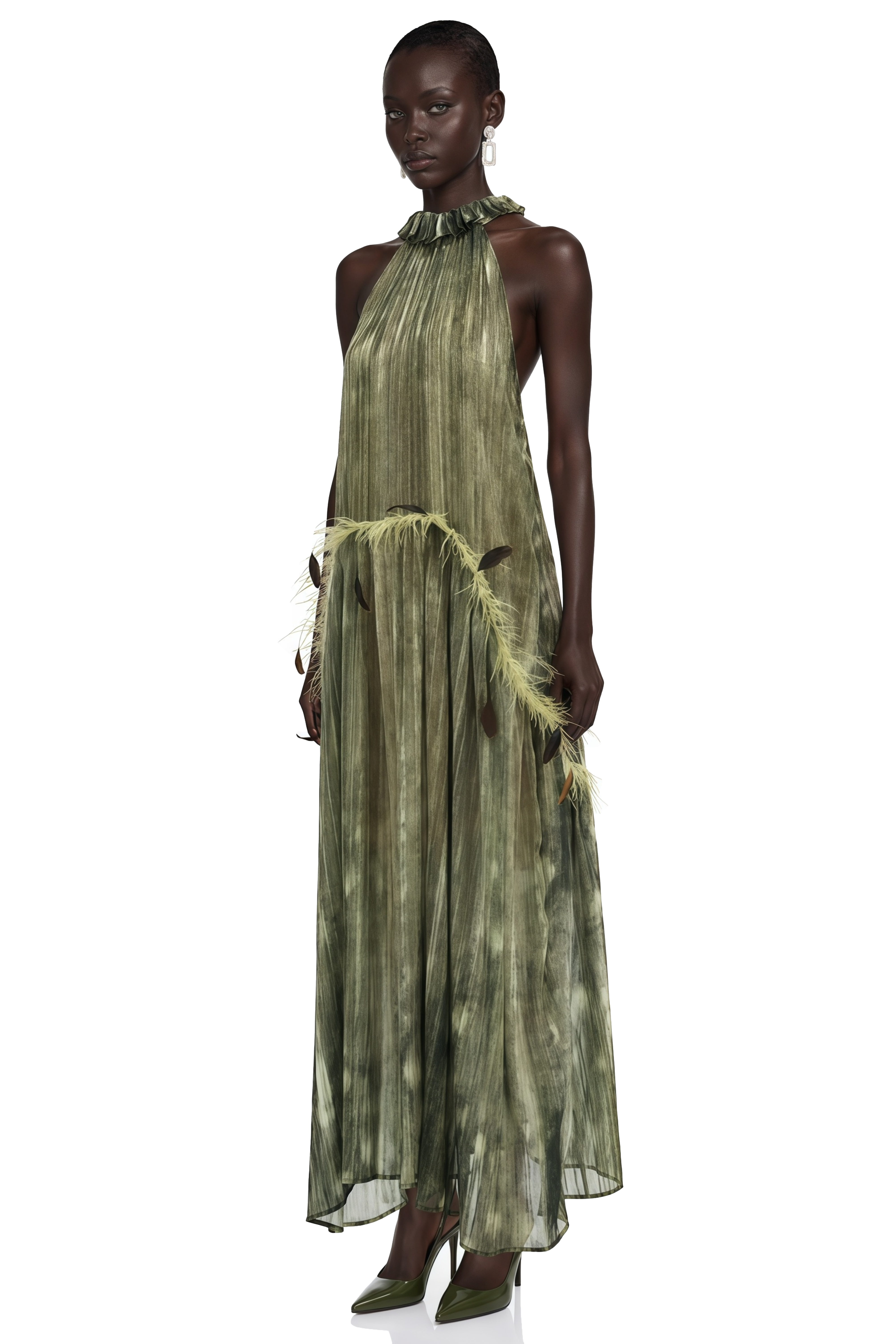 Areta Green Pleated Maxi Dress with Feather Trim